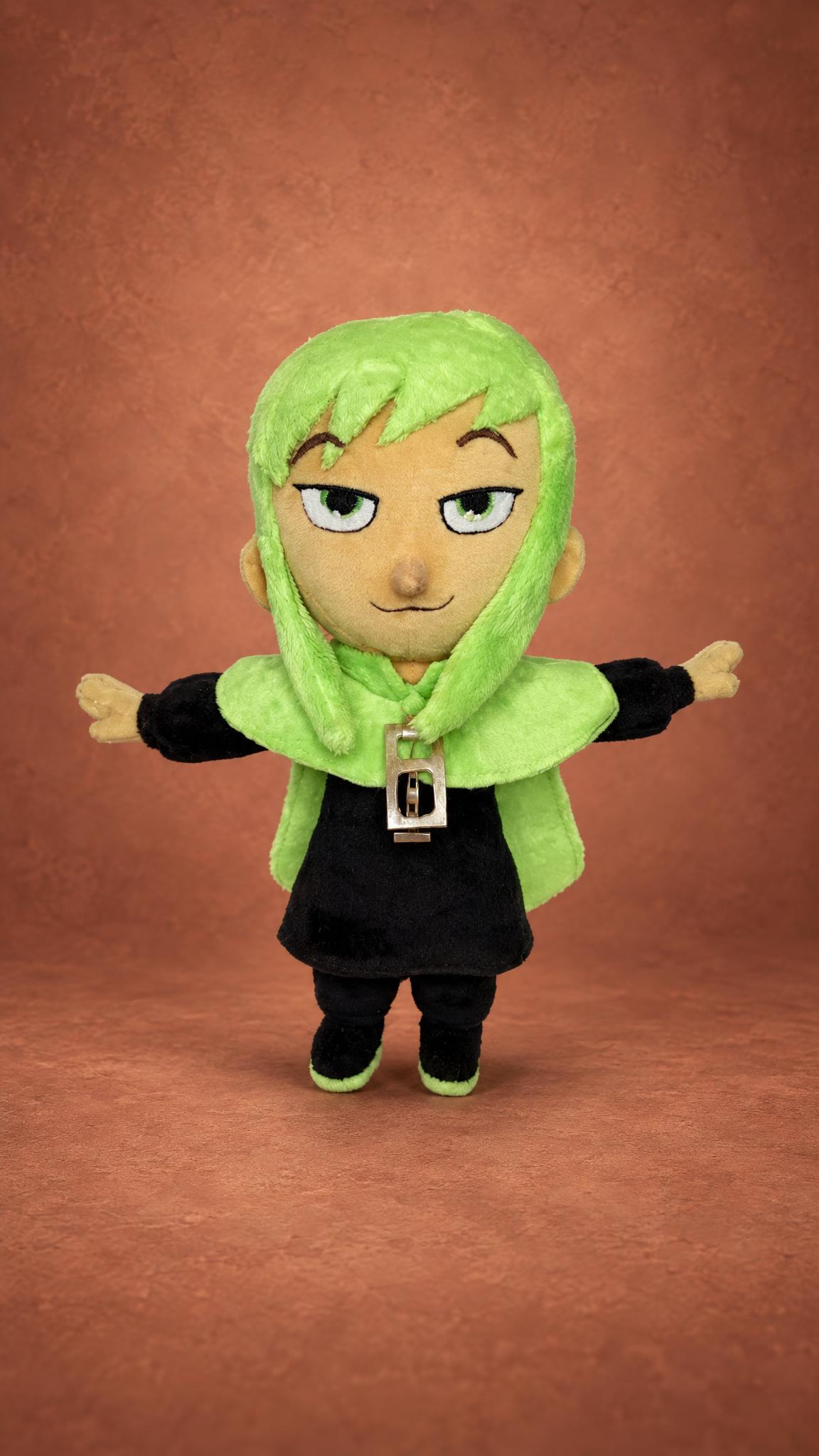 Handmade Hat Kid doll with lime green bangs, cape and a metal zipper pull, made to order for a fan