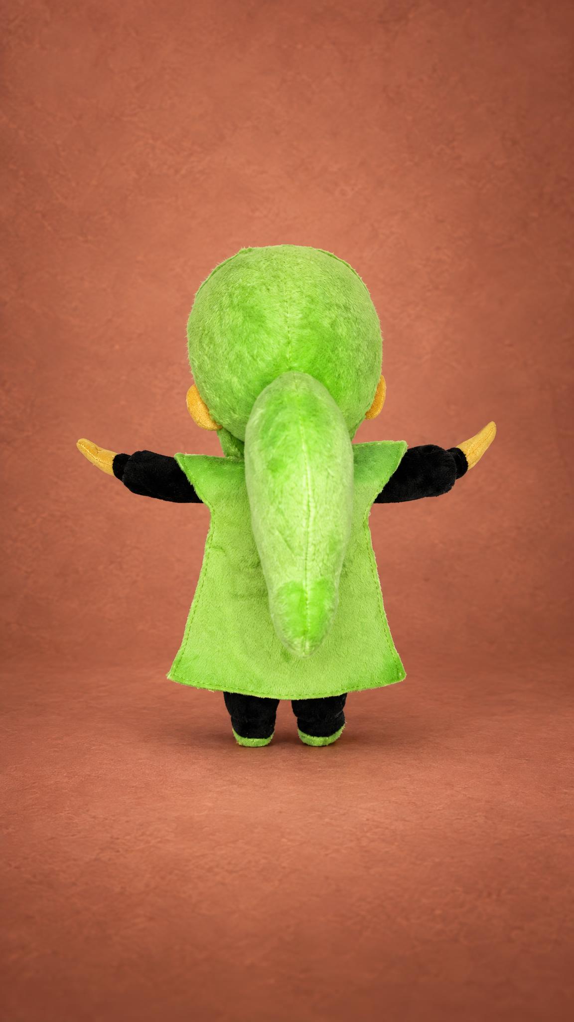 A Hat in Time plush of Hat Kid: lime green ponytail and cape over a black outfit, sewn to order
