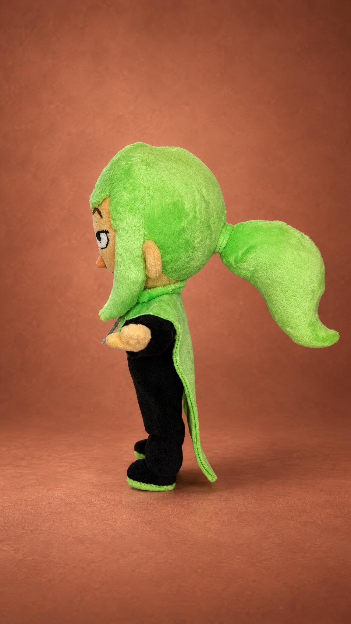 Hat Kid plushie in custom lime green and black, ponytail curling back, handmade to order
