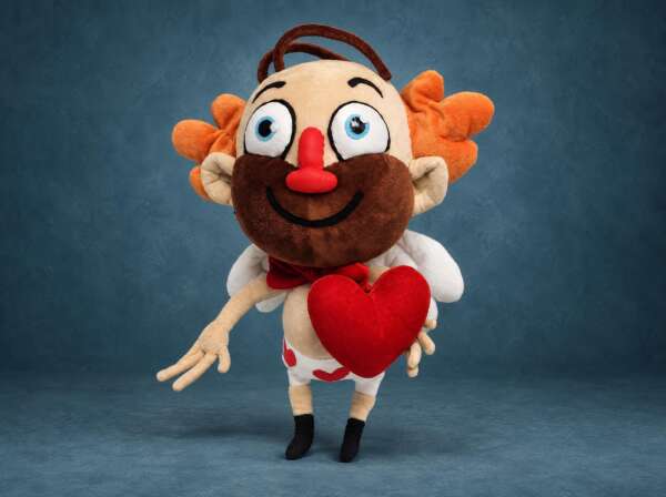 Cupid sticker plush made to order: stubbly Heart Guy with white wings holding a red velvet heart, handmade