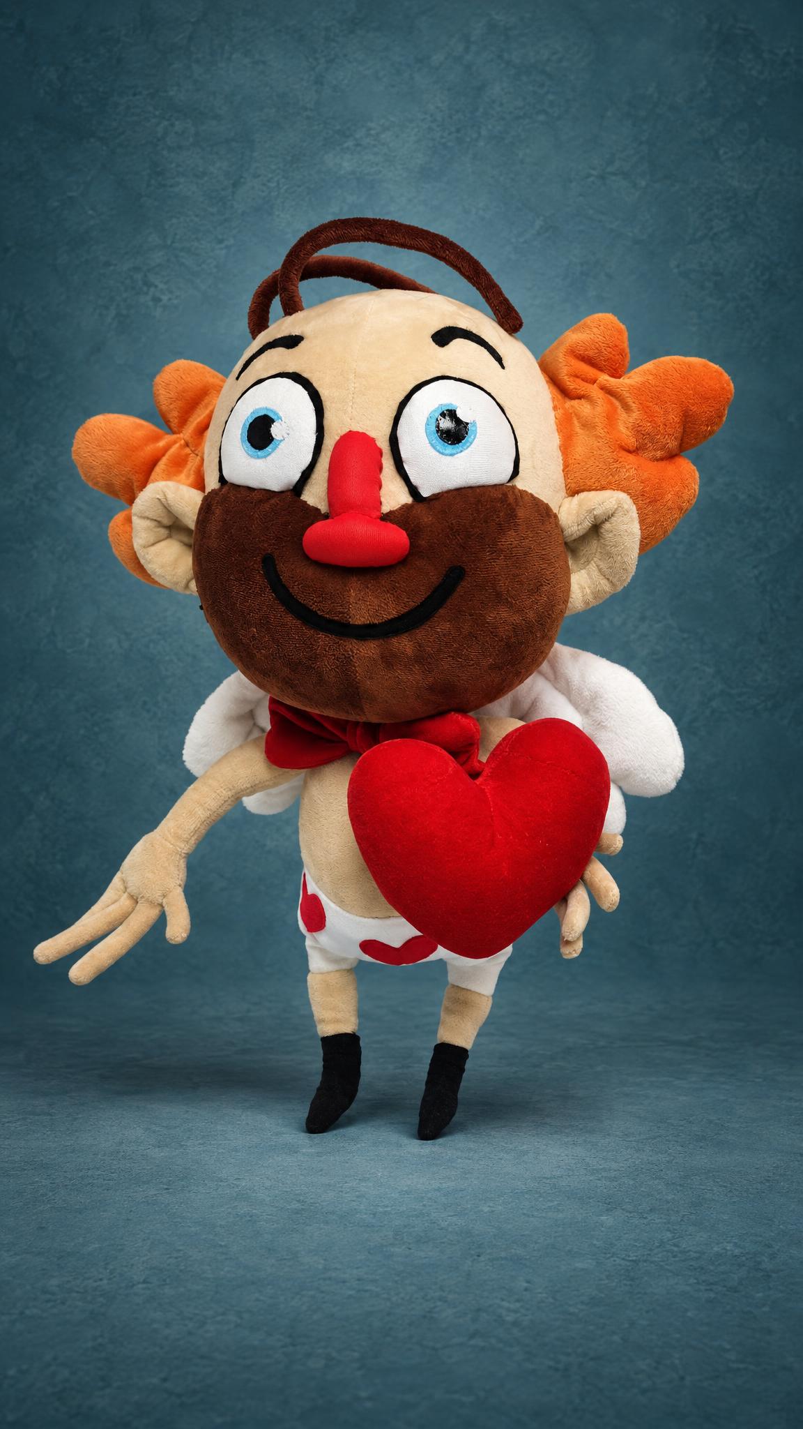 Handmade Cupid Plush Holding a Red Heart Handmade cupid plush from a sticker, custom Heart Guy standing on black feet with a big red heart in his hand
