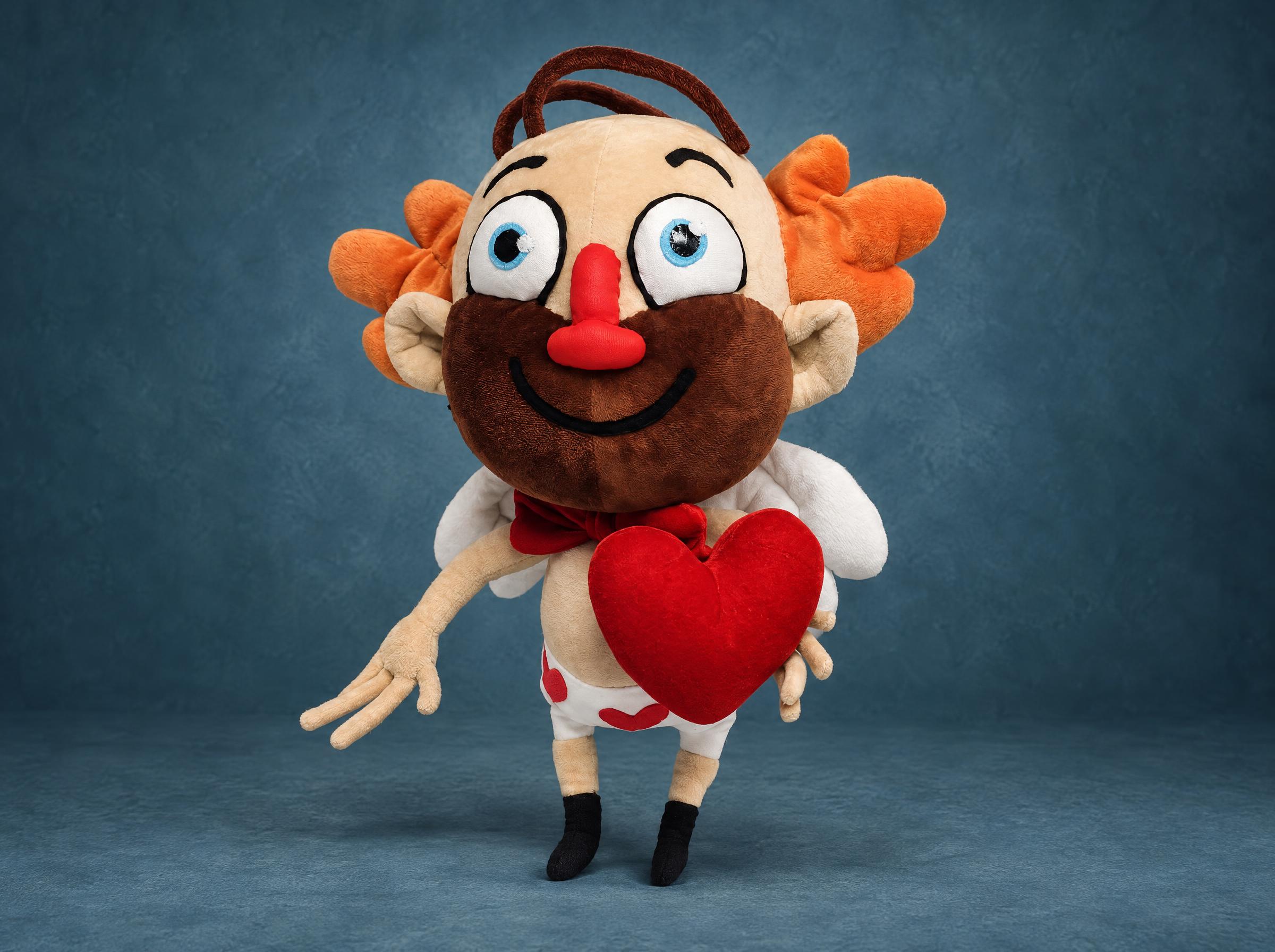 Cupid sticker plush made to order: stubbly Heart Guy with white wings holding a red velvet heart, handmade