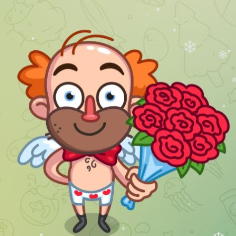 Reference Sticker: the Cupid Guy With Roses The customer's reference: the original cupid sticker holding roses. For the custom plush he got a heart instead