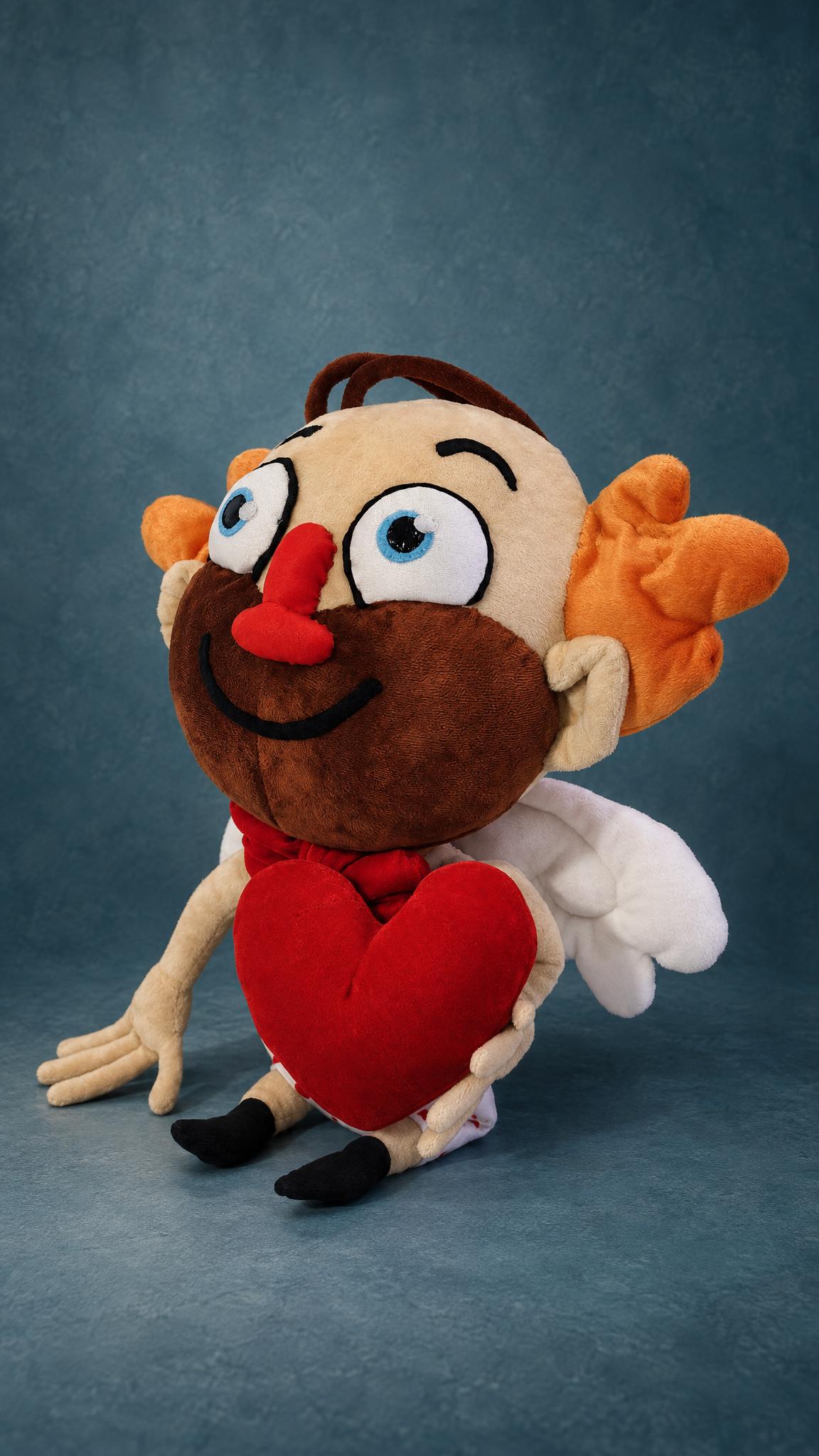 Custom love gift plush from a sticker: the stubbly Heart Guy hugs a red heart instead of roses, made to order