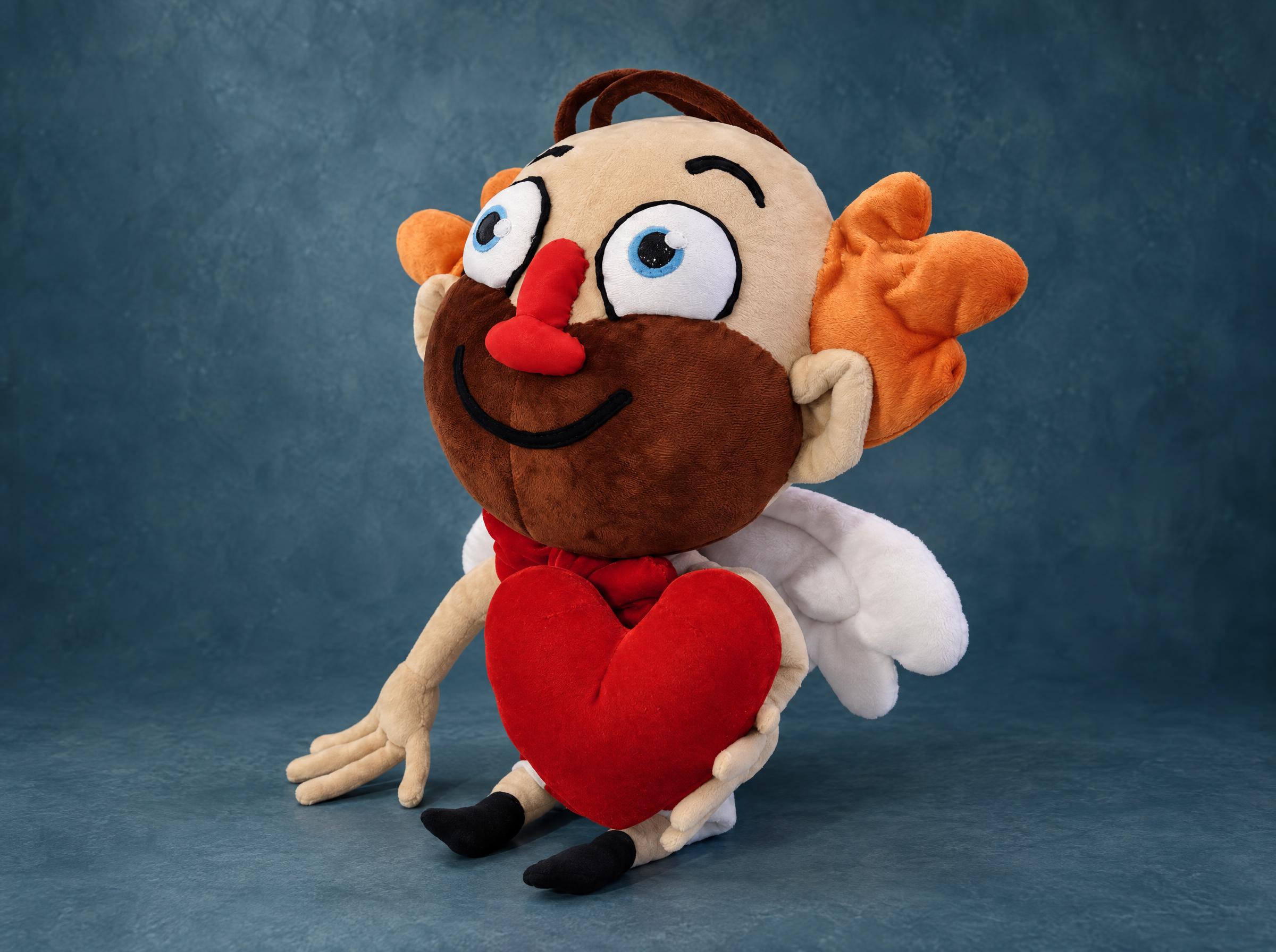 Heart Guy Plush Hugging a Red Heart Heart Guy plush hugging a big red velvet heart, white cupid wings, orange hair, a love gift sewn to order