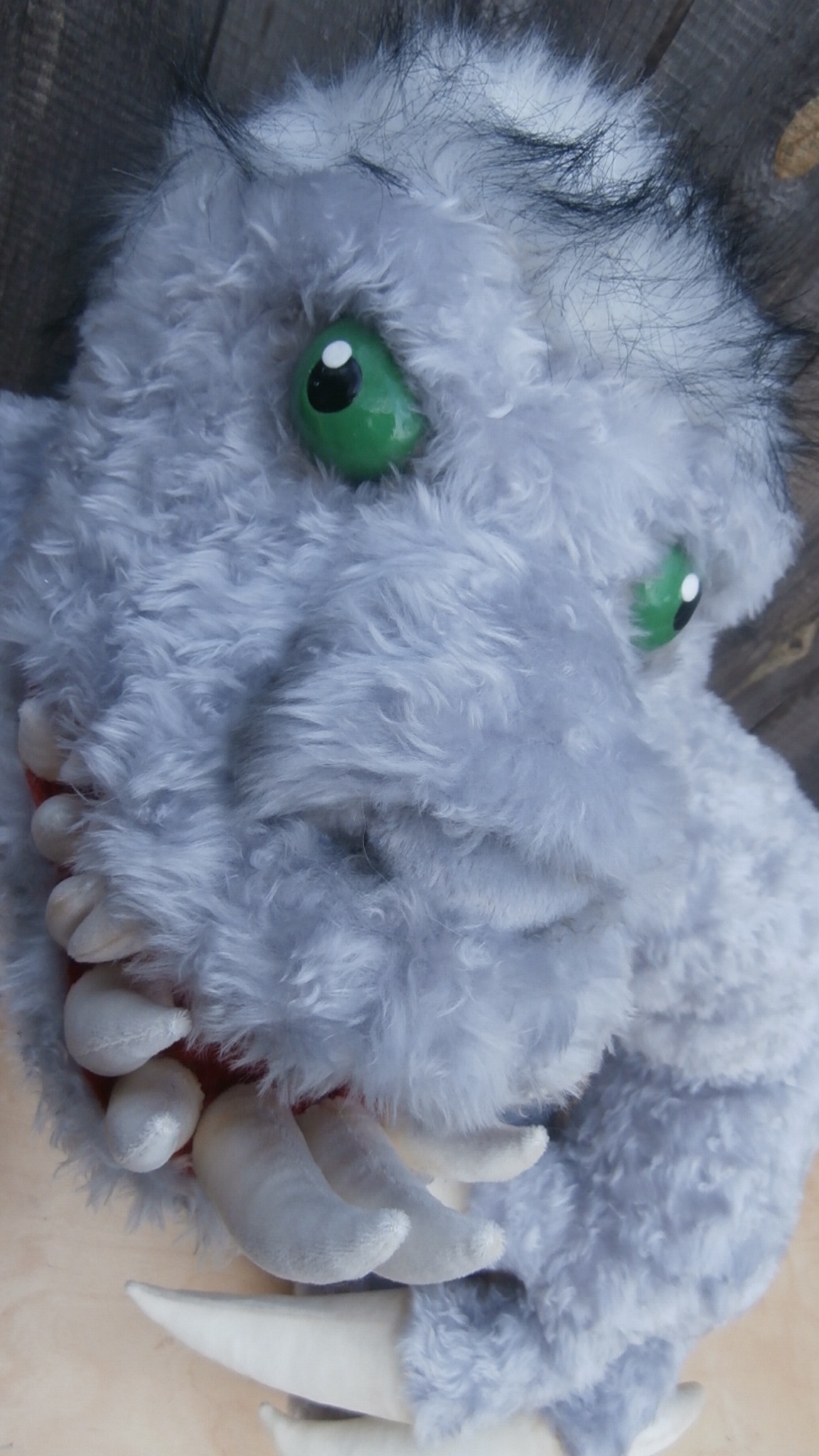 Heroes of Might and Magic plush Behemoth, handmade to order: glossy green eyes, curly grey fur and sewn fangs