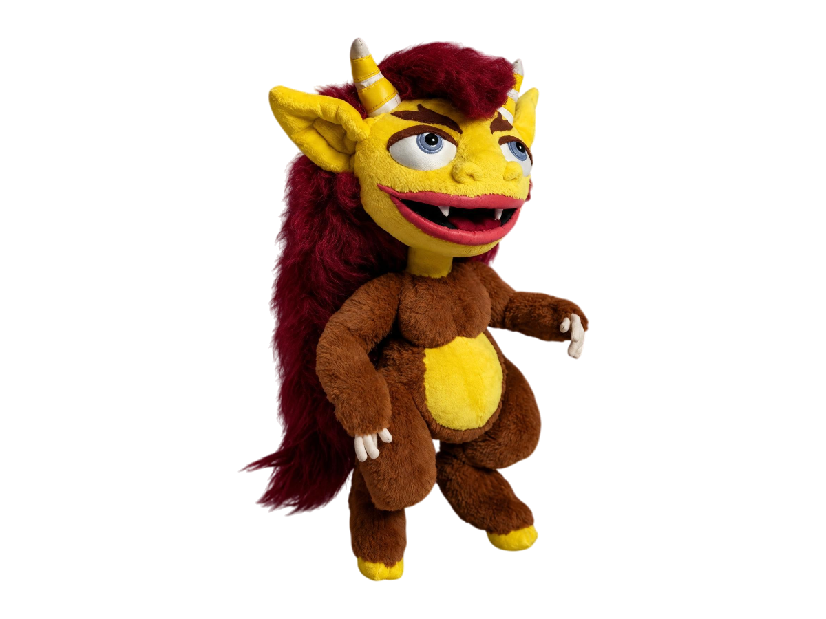 Hormone Monster custom plush from Big Mouth, sewn to order: red faux fur hair, yellow face, small horns, brown fur