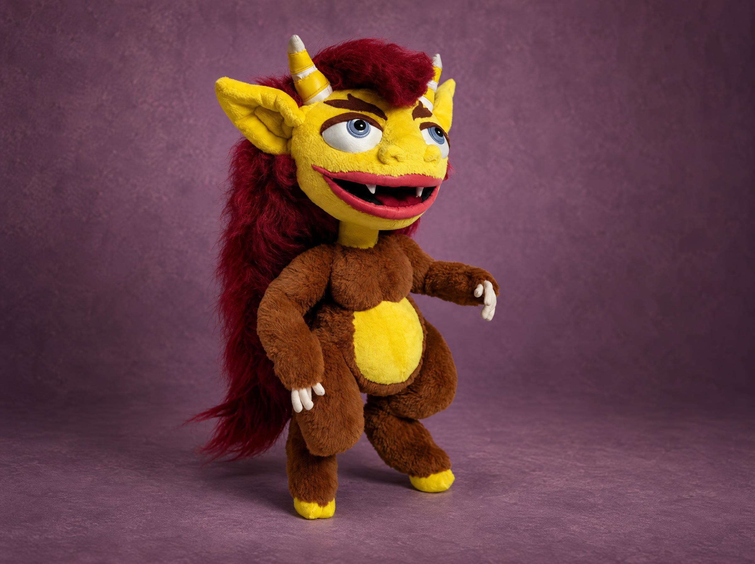 Hormone Monster plush from Big Mouth with red hair, yellow face, small horns and brown fur, sewn to order