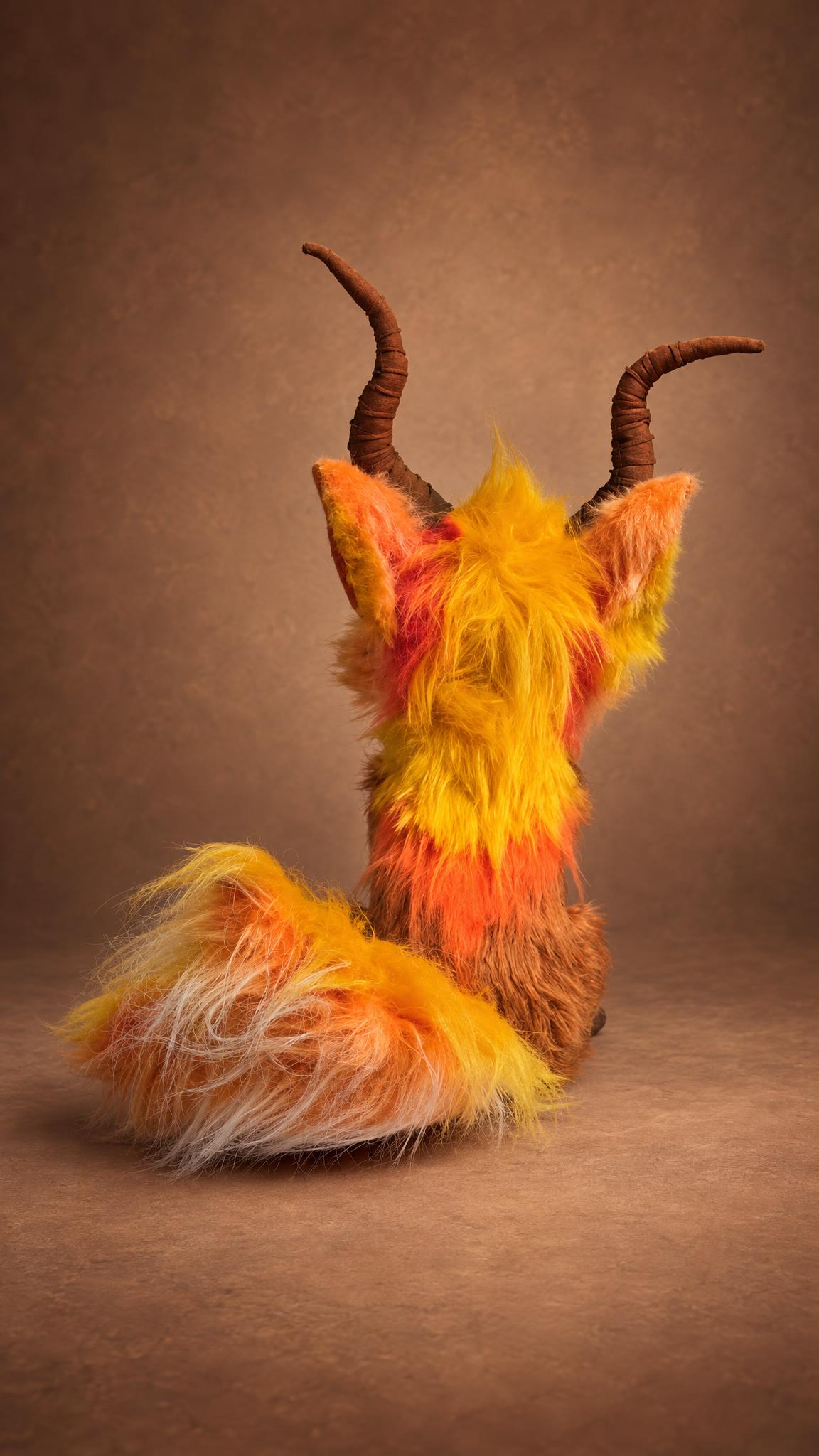Custom horned fox plush mane and tail in yellow and orange faux fur, handmade fantasy creature sewn to order