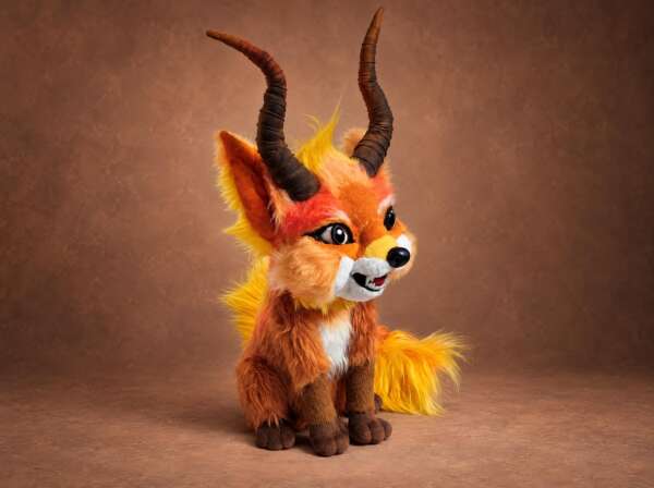 Horned fox plush in orange and yellow faux fur with two long curved horns, a custom fantasy fox sewn to order