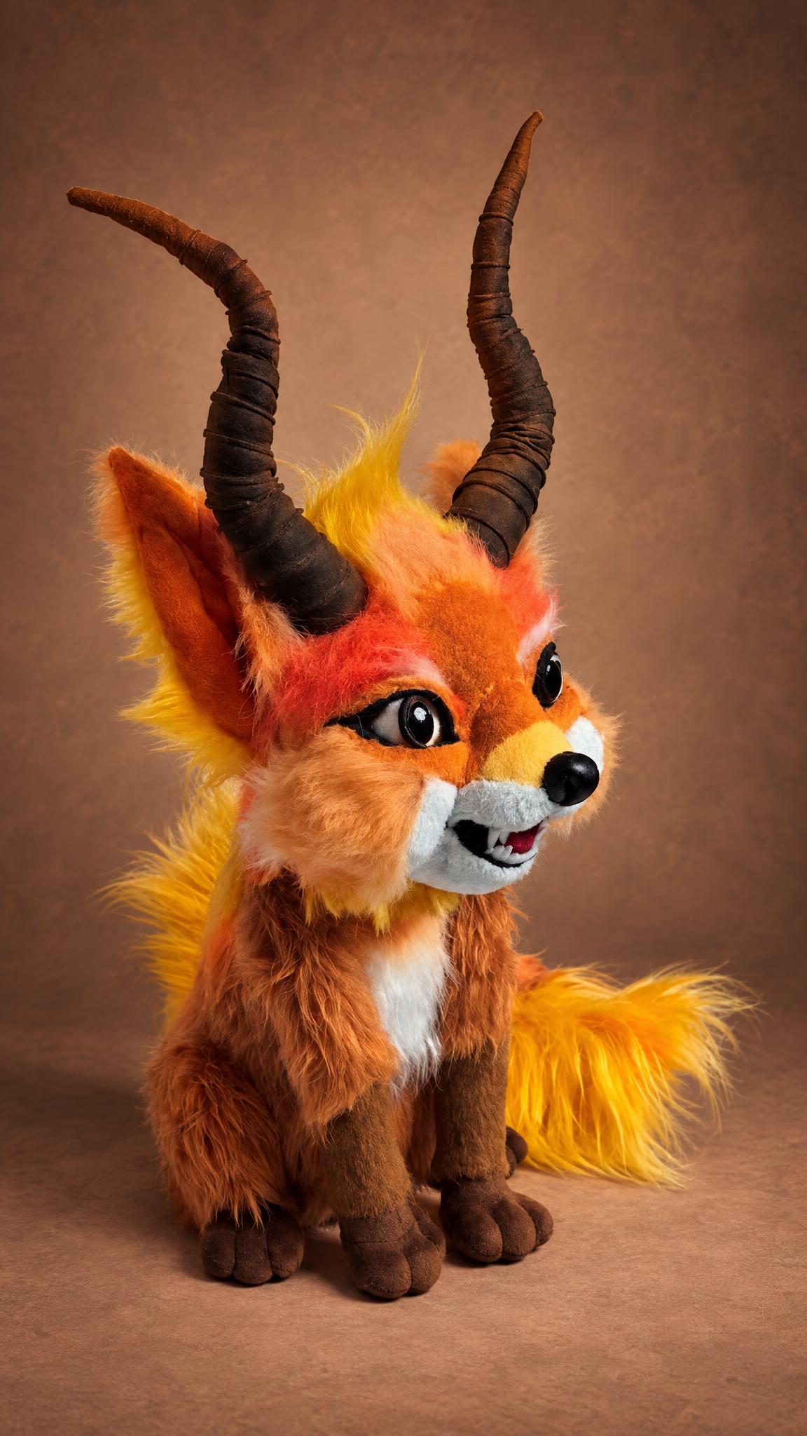 Custom fantasy fox plush with curved horns and a fiery orange coat, handmade to order from a picture