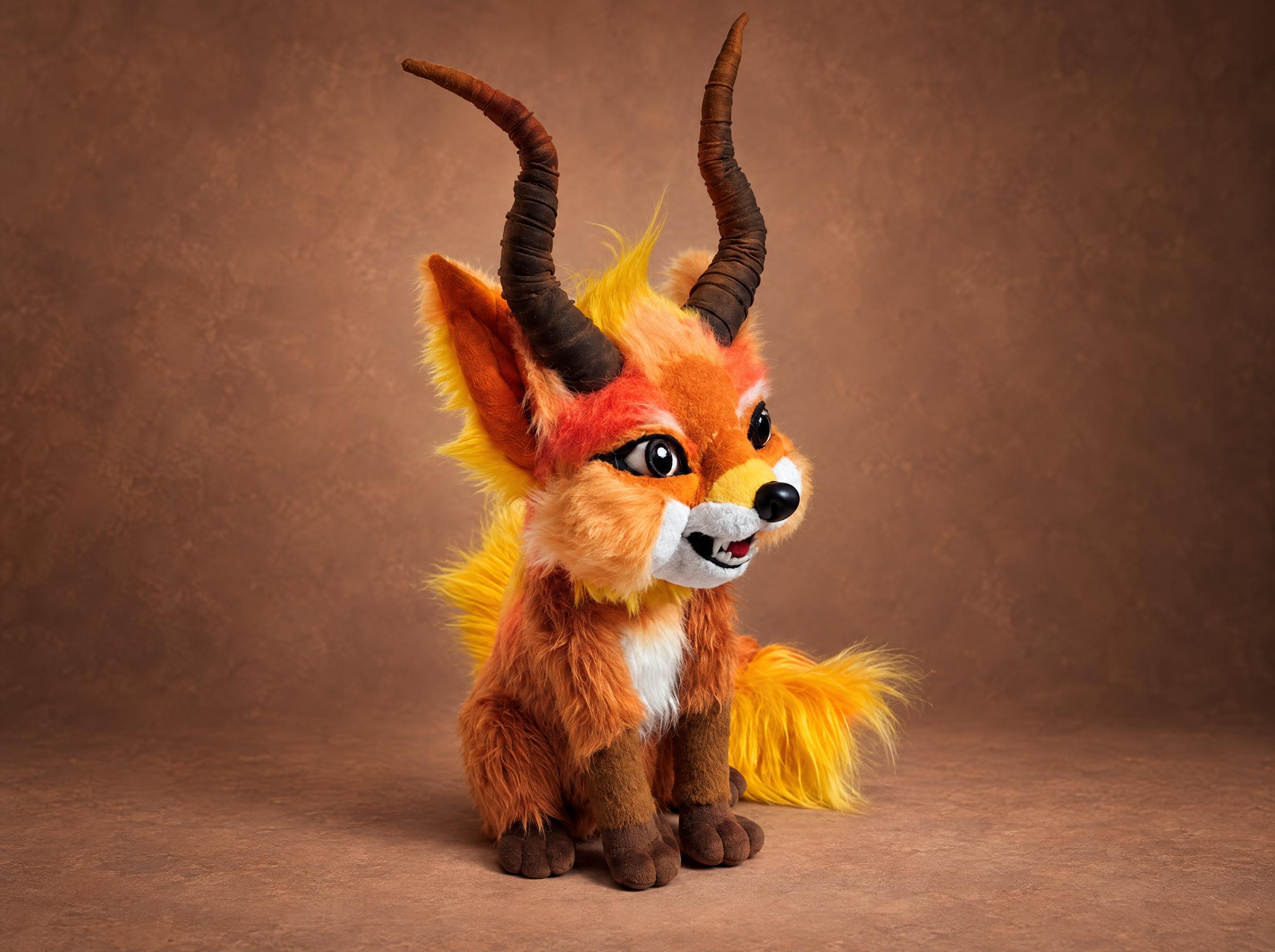 Horned fox plush in orange and yellow faux fur with two long curved horns, a custom fantasy fox sewn to order
