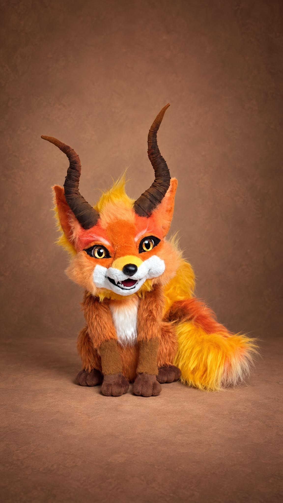 Fantasy horned fox plush sitting up, orange faux fur and brown horns, sewn by hand for one customer
