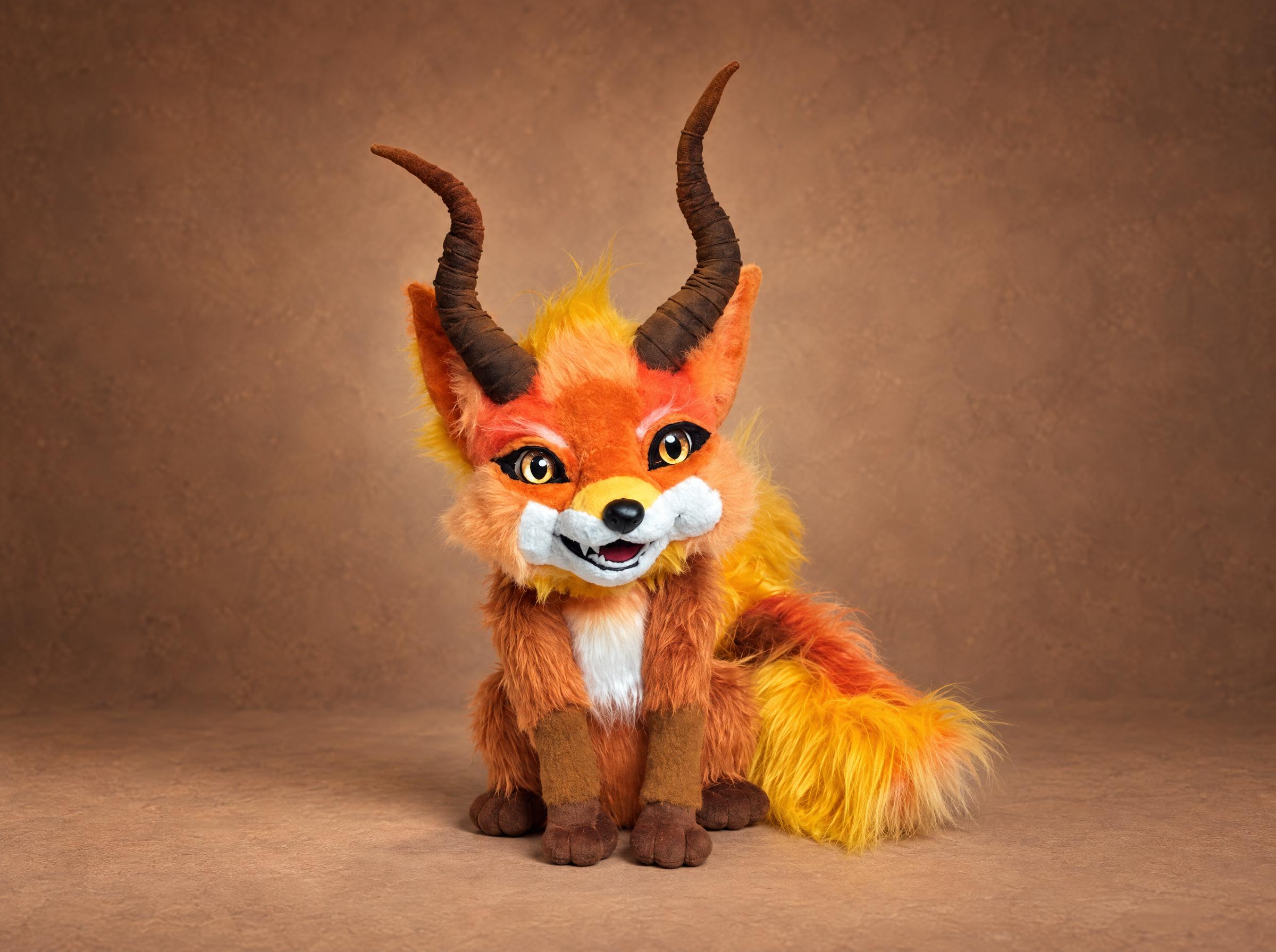 Horned fox plush face with fangs Handmade horned fox plush face: amber embroidered eyes, white muzzle and tiny fangs, a fantasy creature plush made to order