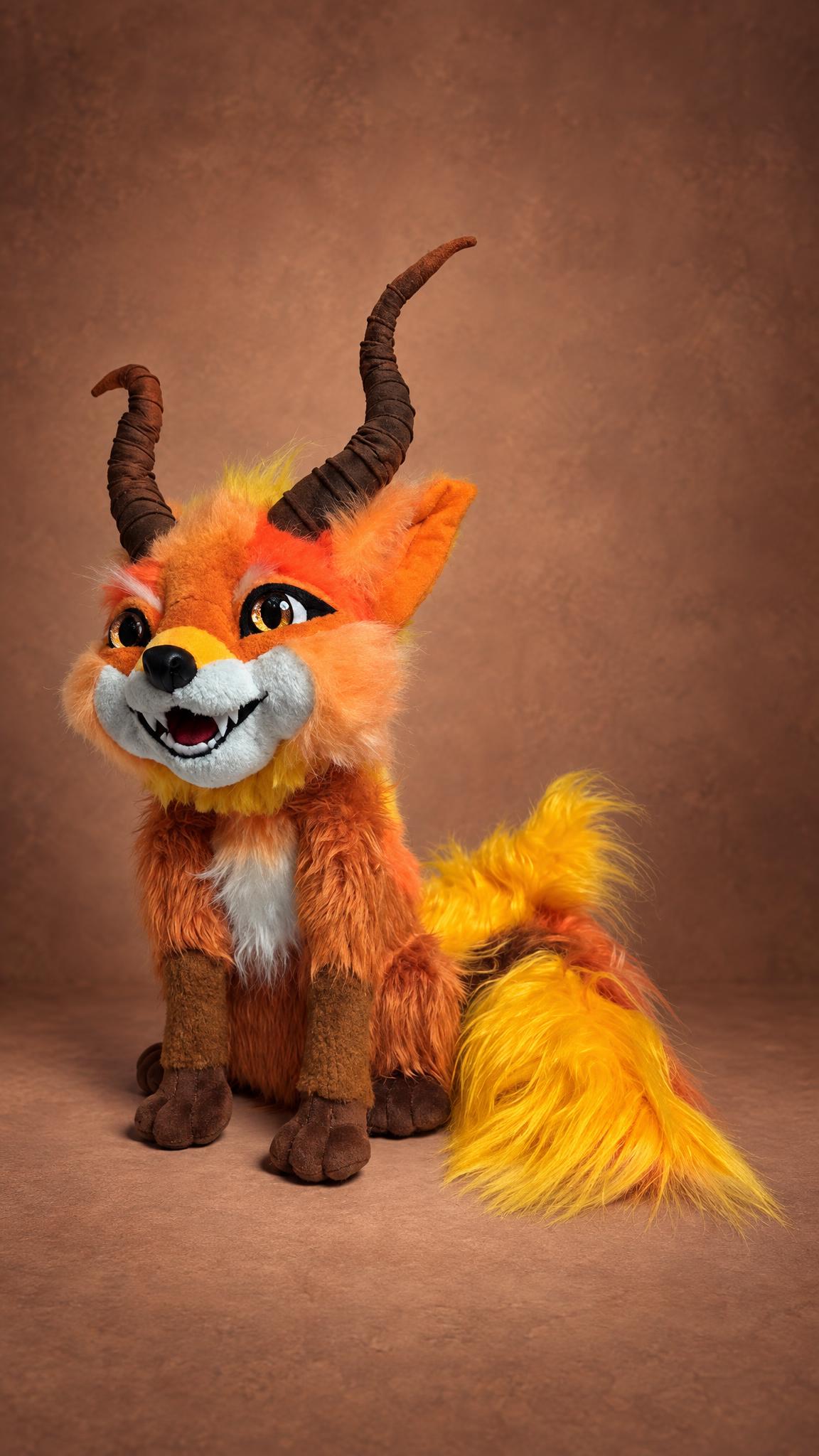 Horned fox stuffed animal in orange faux fur with a bushy yellow tail, a custom fantasy plush made to order