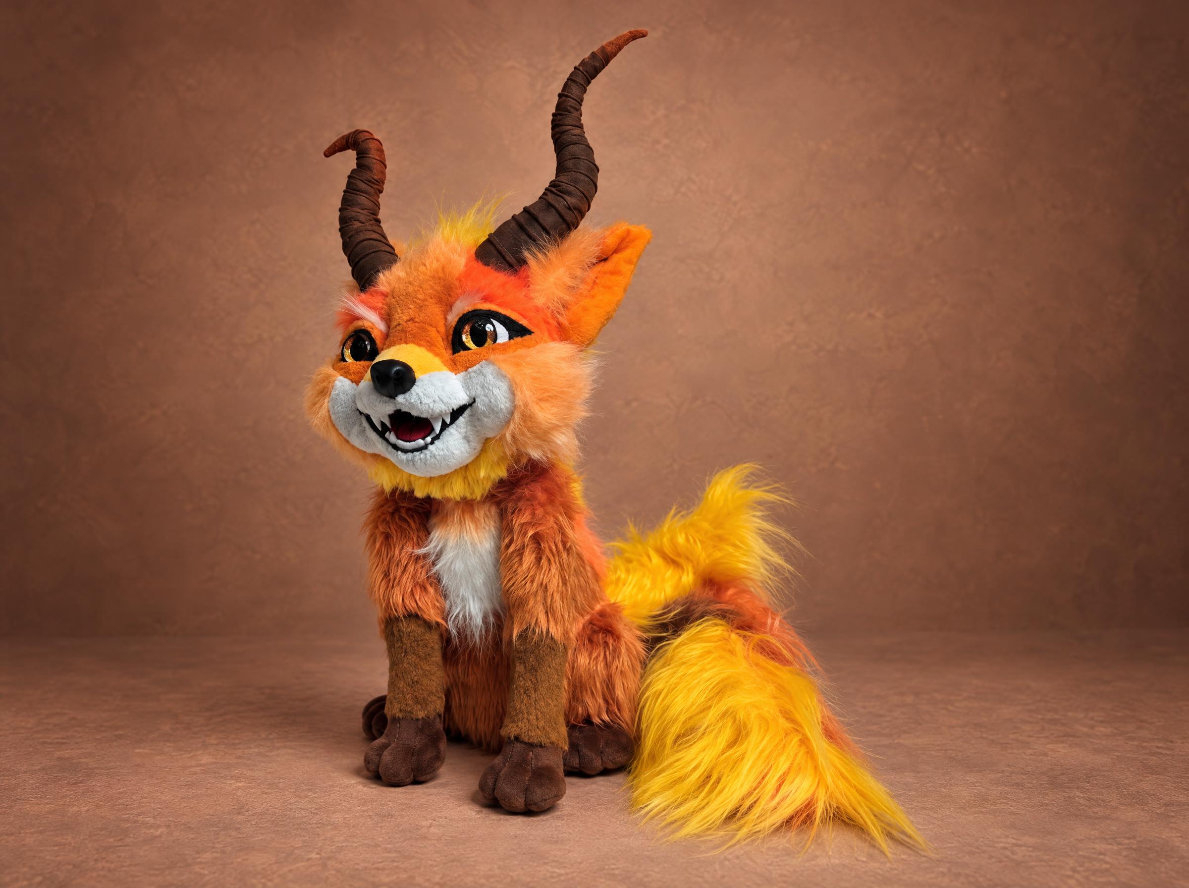 Horned fox plush with yellow tail Custom horned fox plush with a long yellow faux-fur tail and brown wrapped horns, a fantasy fox stuffed animal made to order
