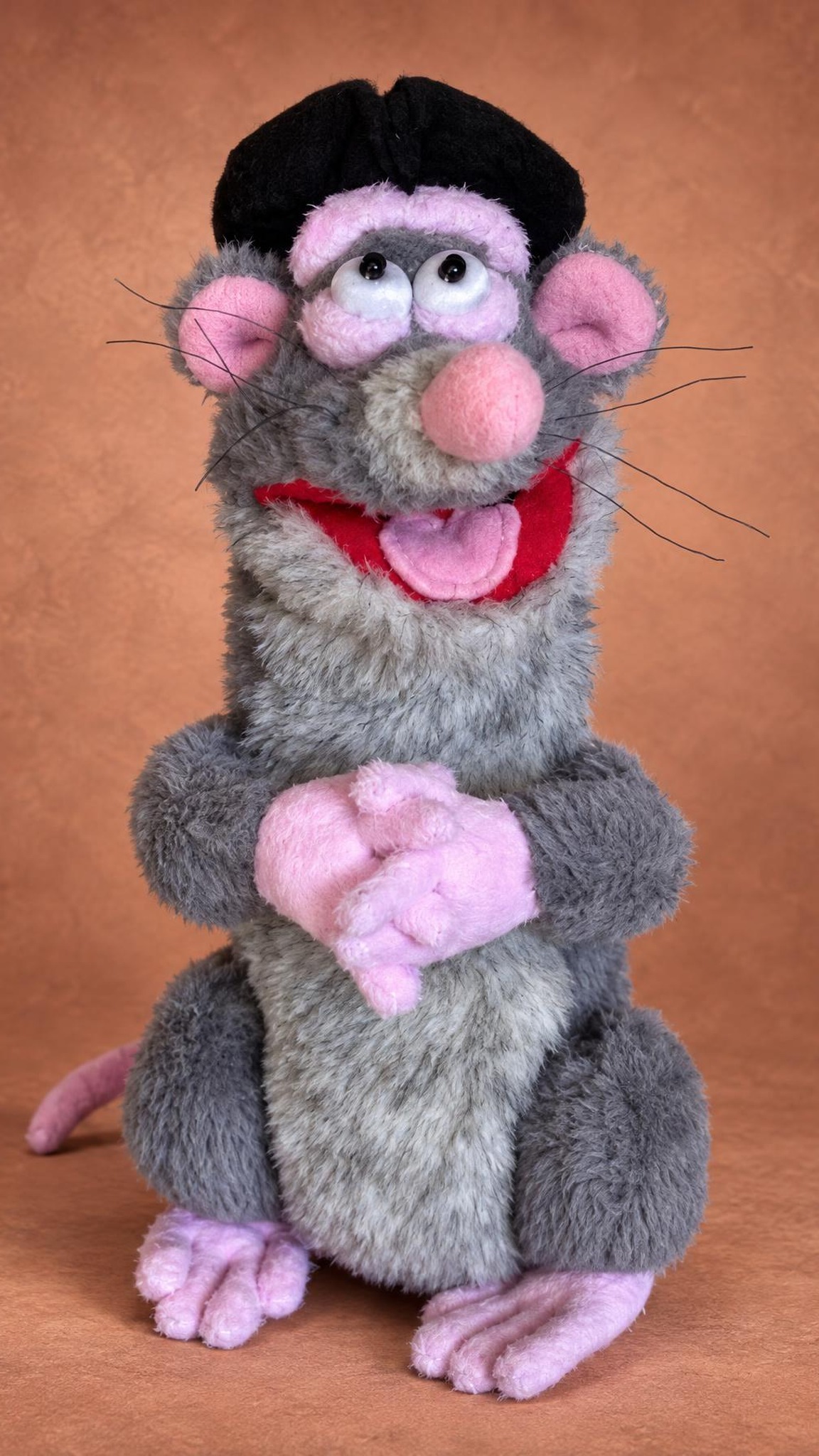 Horrible Histories rat plush Rattus Rattus with his black cap on and paws together, handmade to order
