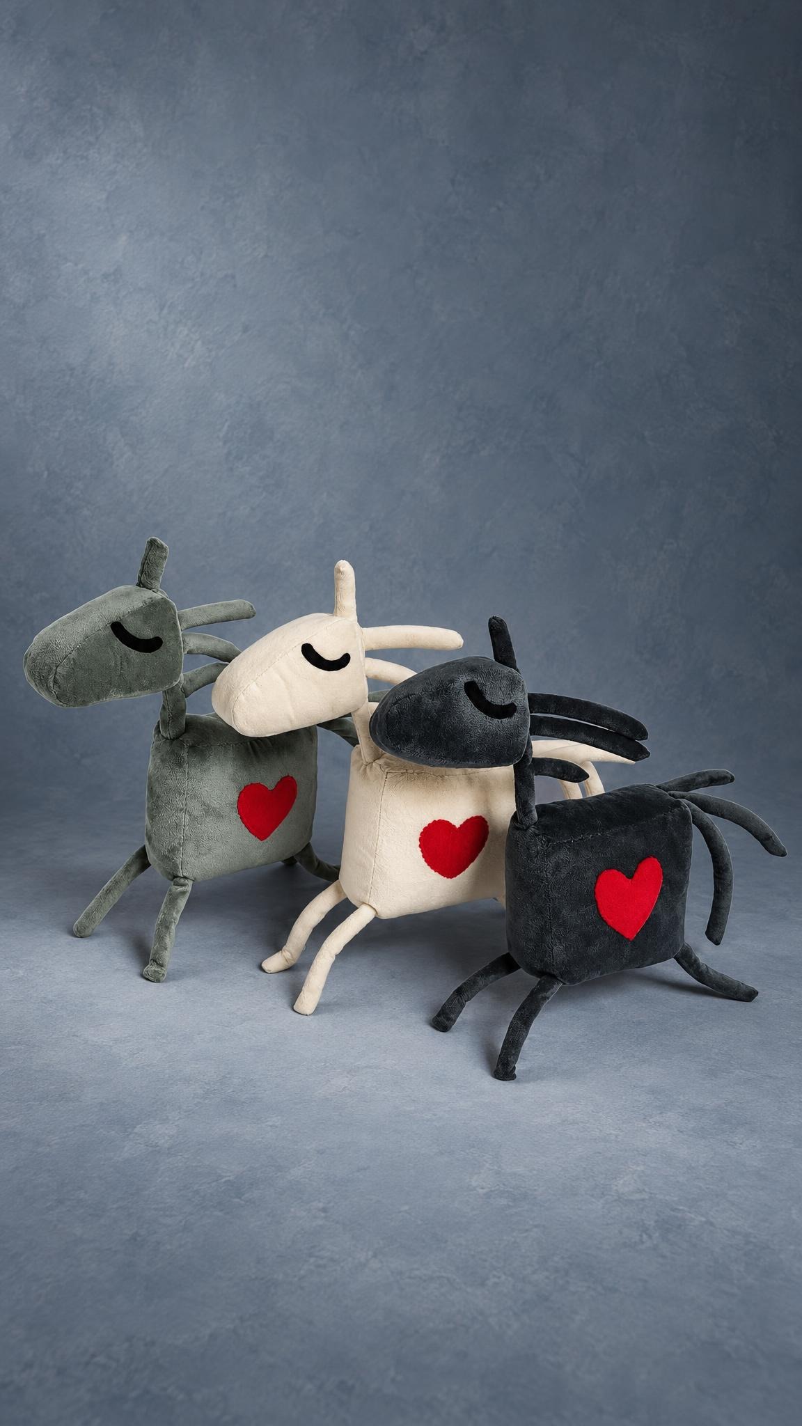 Three custom horse mascot plushes in sage green, cream and charcoal, red hearts, handmade for a kids' club