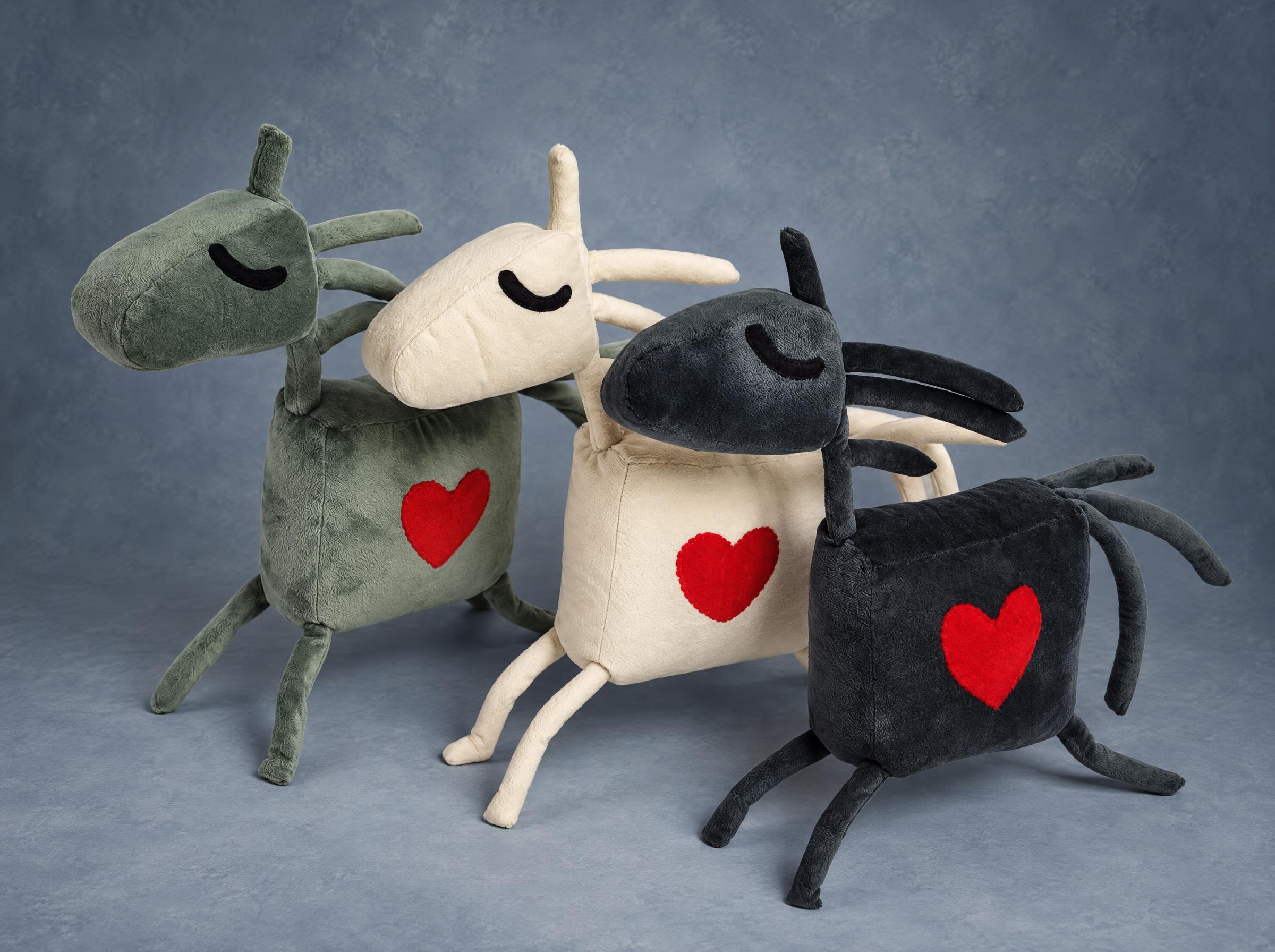 Horse mascot plushes in sage green, cream and charcoal Three custom horse mascot plushes in sage green, cream and charcoal, red hearts, handmade for a kids' club