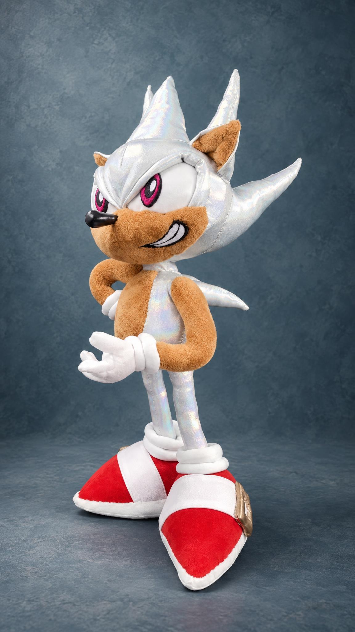 Hyper Sonic plush toy with a hand on his hip and a cocky grin, custom silver Sonic sewn by hand to order