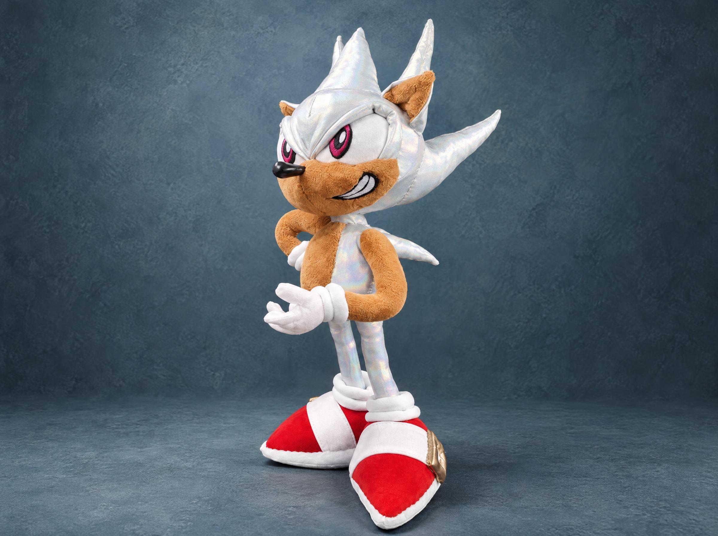 Hyper Sonic plush in shiny silver with a toothy grin and red shoes, a handmade Sonic toy sewn to order