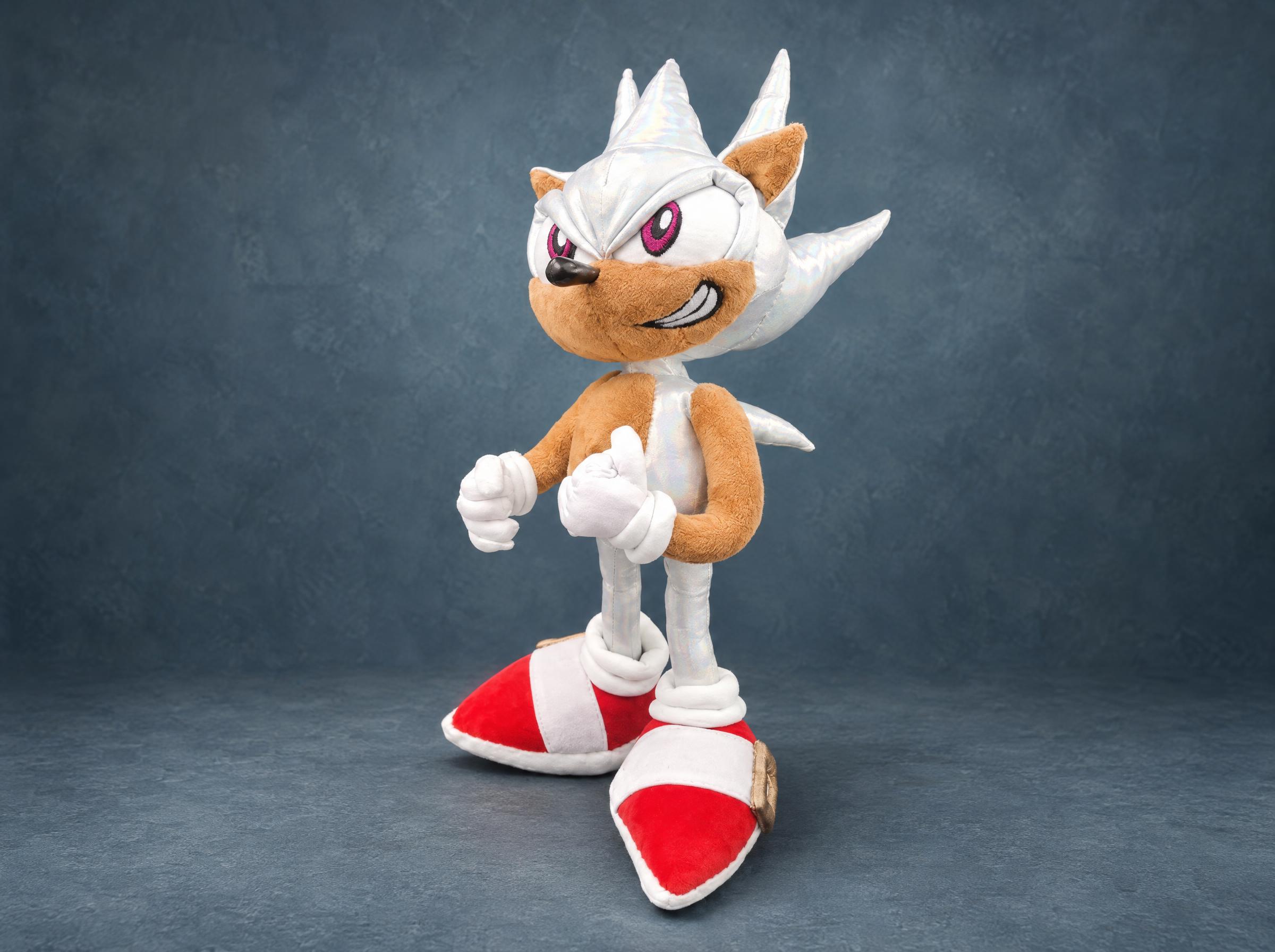Custom Hyper Sonic plush toy with a thumbs up Custom Hyper Sonic plush toy giving a thumbs up, silver quills and magenta eyes, handmade to order