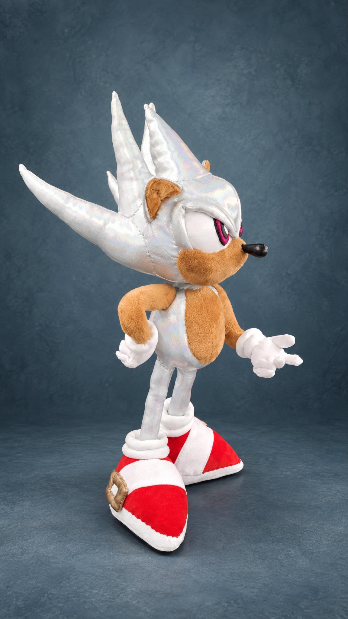 Hyper Sonic plush with sweeping silver quills and a gold buckle on the red shoe, a custom handmade Sonic