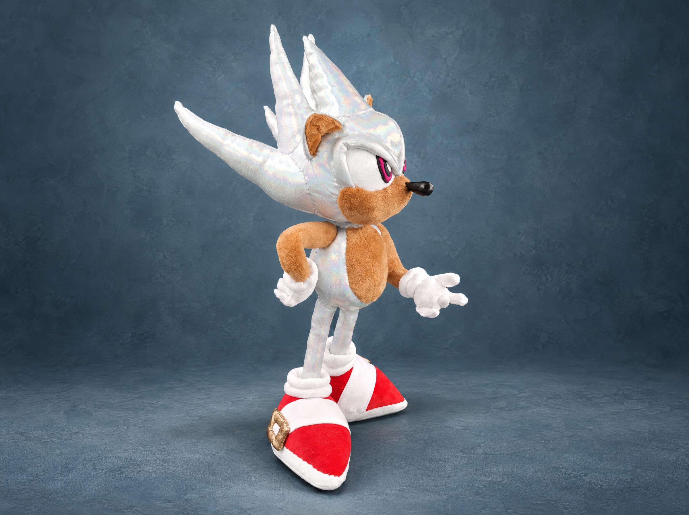 Hyper Sonic stuffed animal with long silver quills Hyper Sonic stuffed animal showing his long silver quills, gold shoe buckle and tan arms, made to order