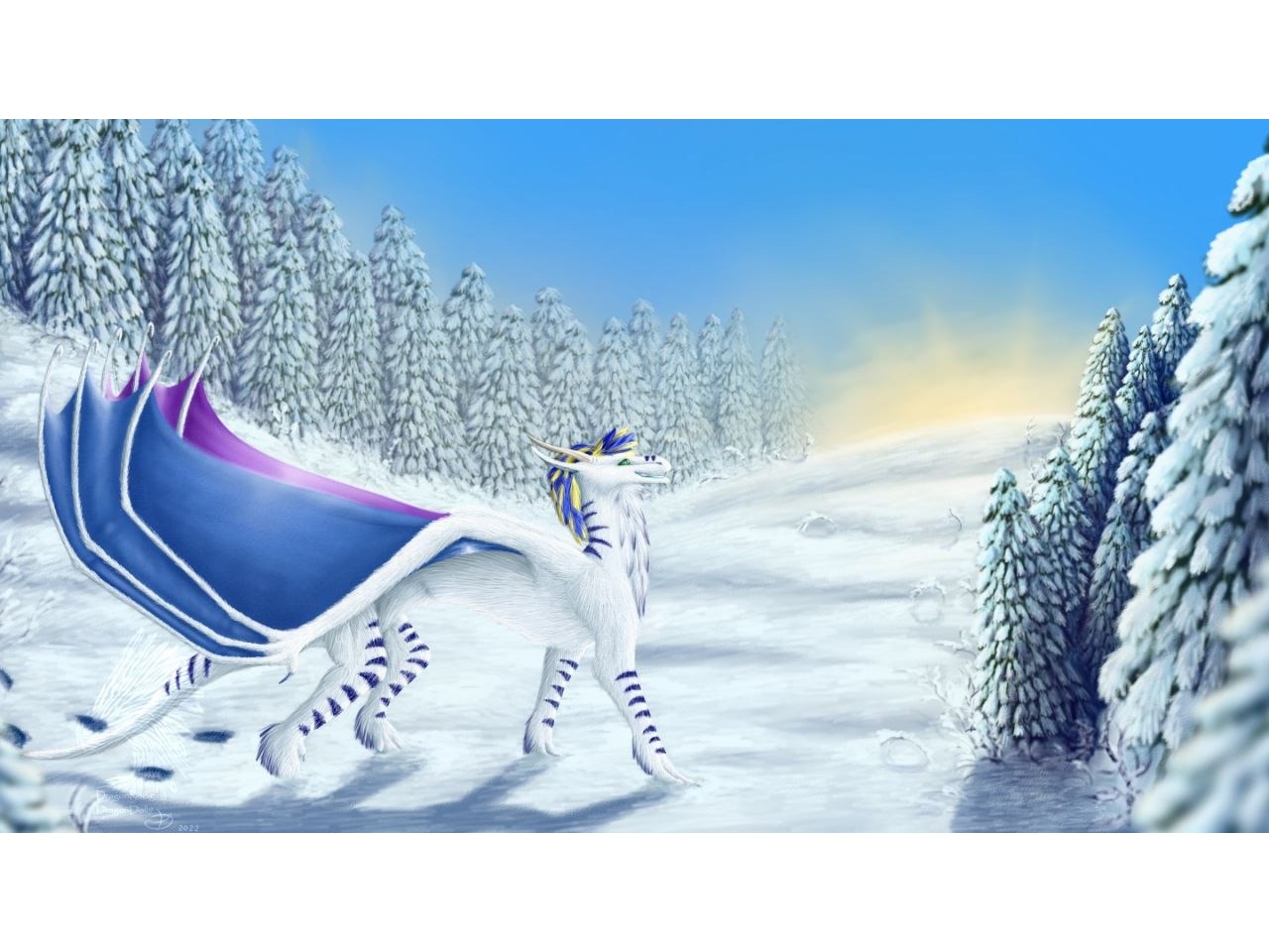 Ice dragon OC reference painting for the custom plush The customer's painting of her ice dragon OC in a snowy forest, the reference for our custom dragon plush