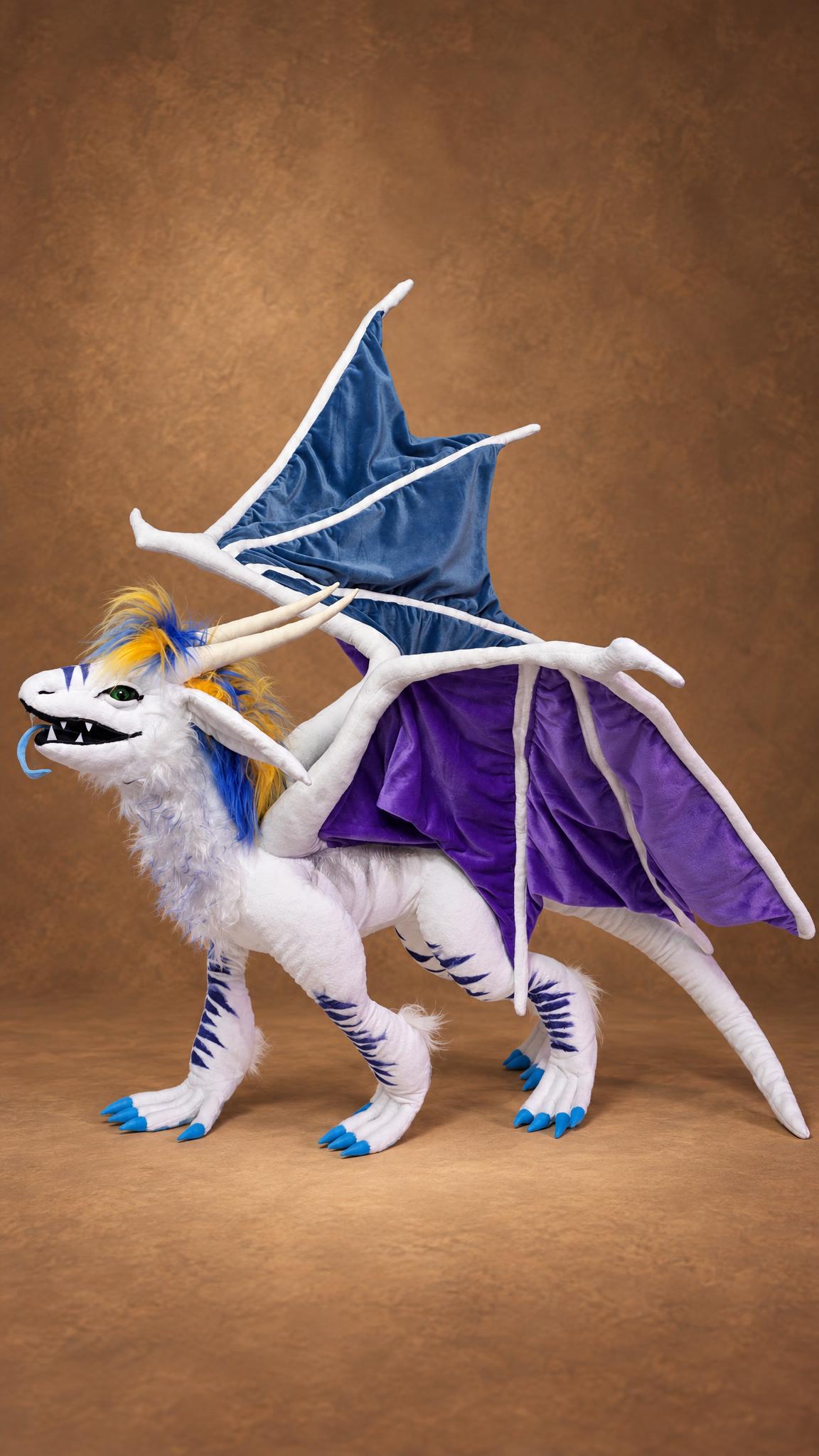 Ice dragon plush, custom dragon OC plush made to order Ice dragon plush sewn by hand from a customer's OC, raised blue and violet wings, white striped body, made to order
