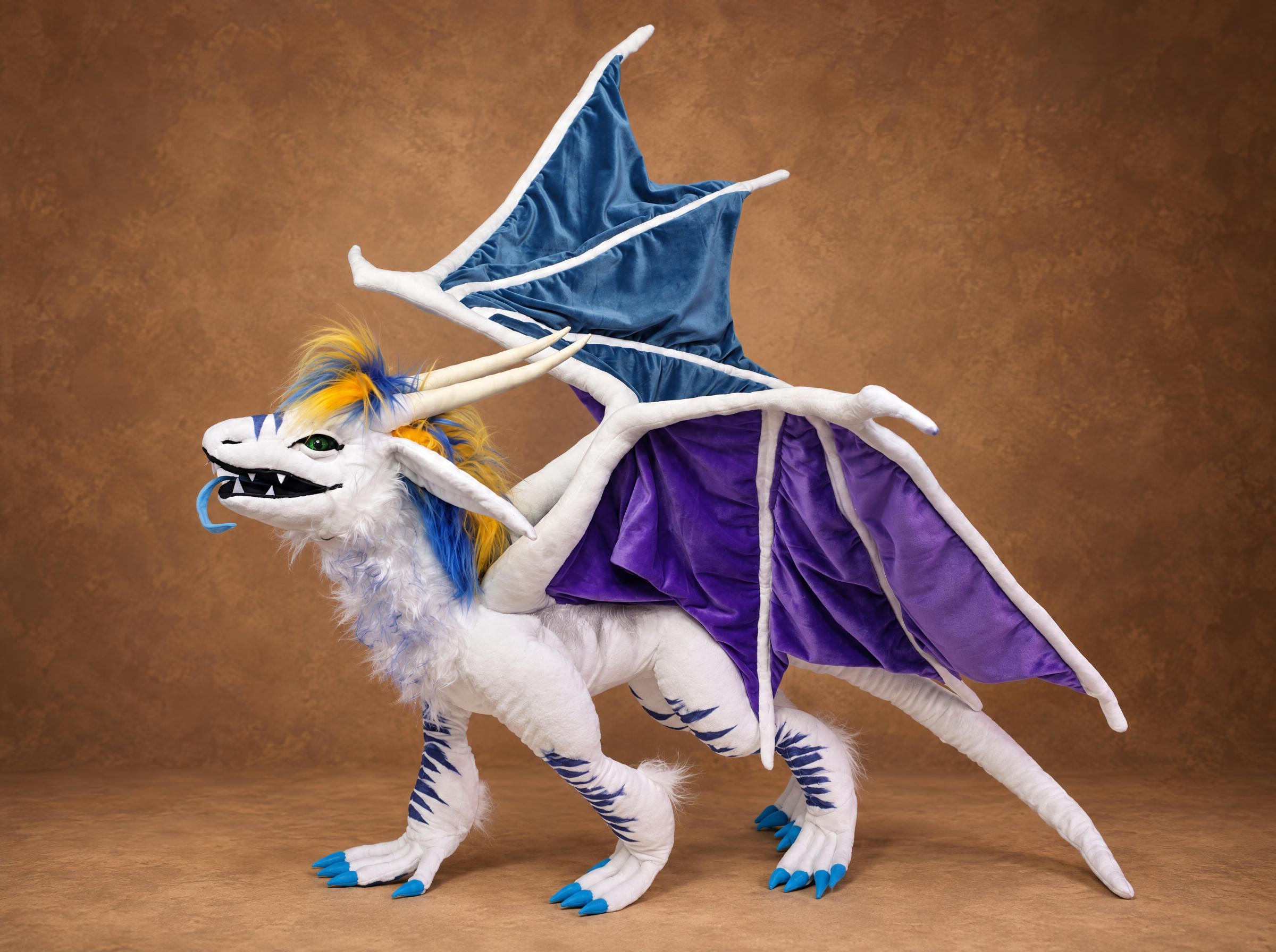 Ice dragon plush made to order from a customer's OC: white striped body, blue and violet wings, blue claws