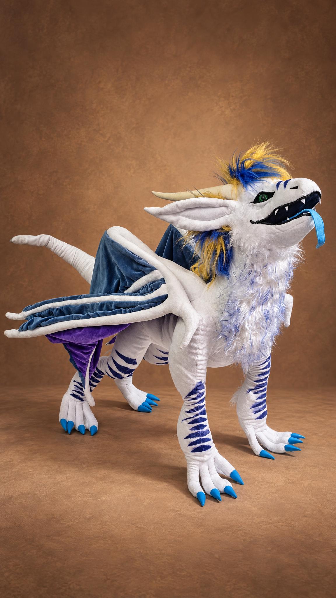 White dragon plush made to order, fluffy chest ruff, blue tongue out and sky-blue claws, a custom OC plush
