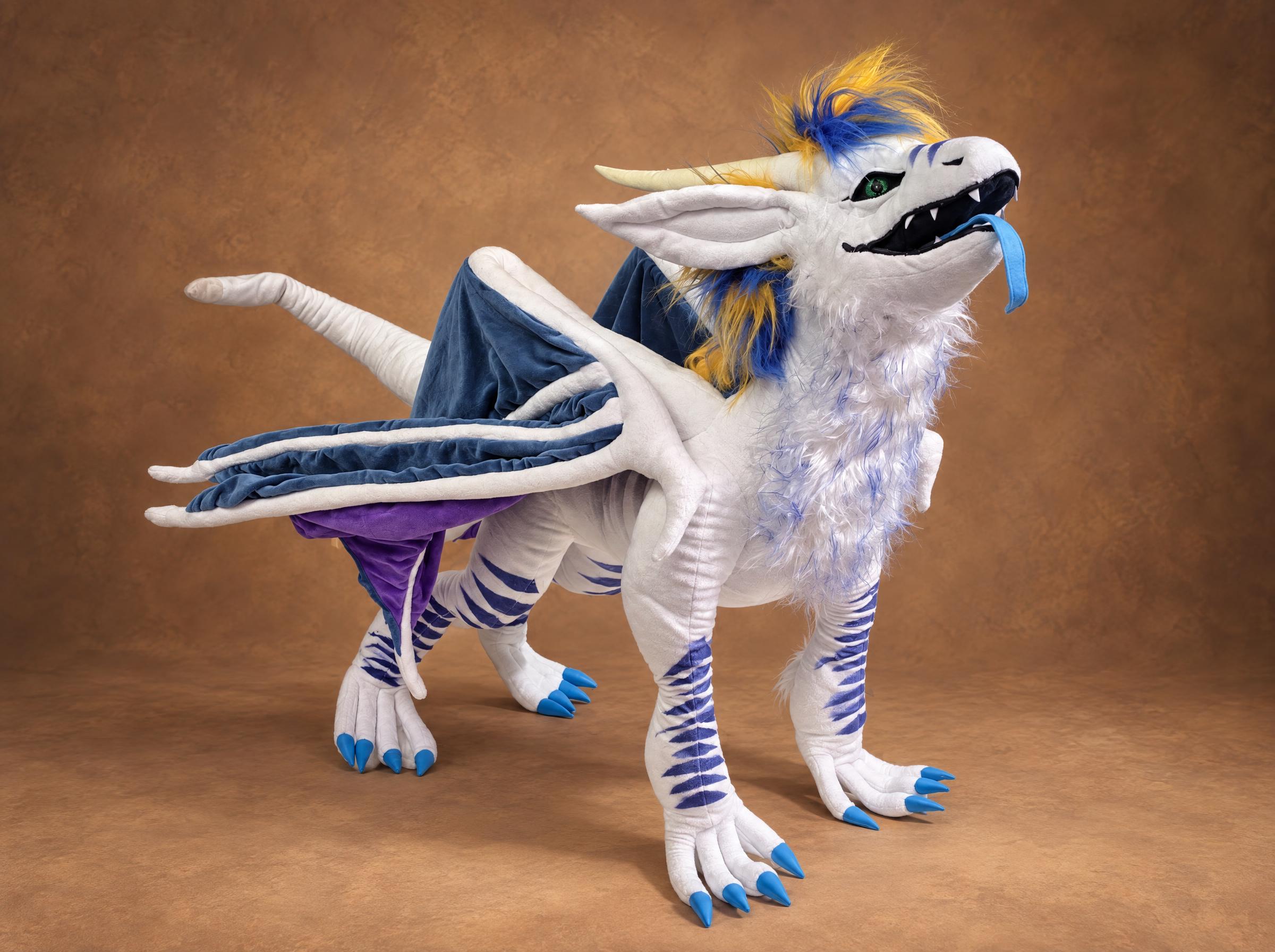 White dragon plush with fur ruff and blue claws, custom OC plush Handmade white dragon plush with a fluffy chest ruff, blue tongue and sky-blue claws, a custom OC plush