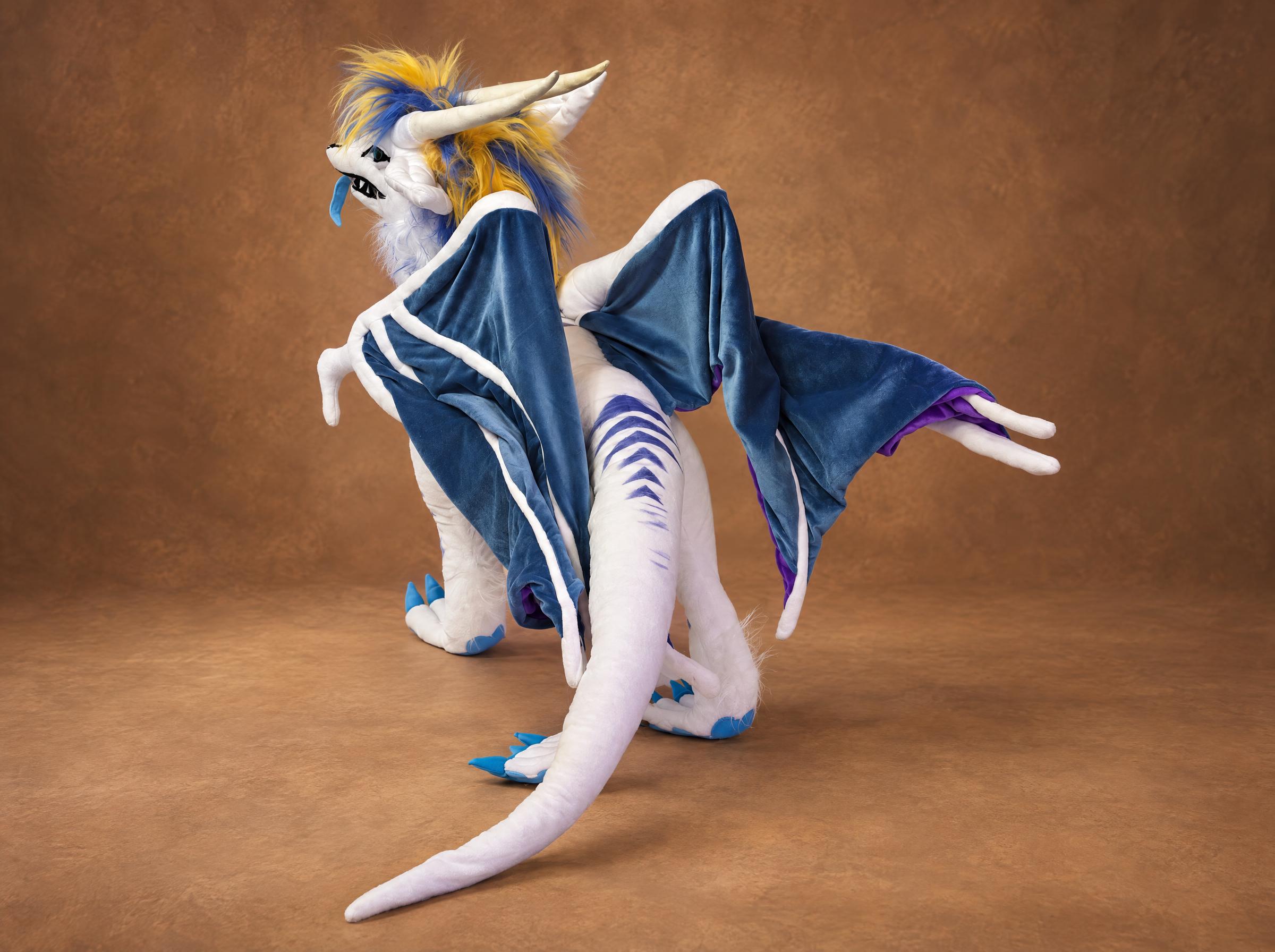 Ice dragon plush wings and tail, custom dragon plush Ice dragon plush handmade to order, steel-blue wings and a long white tail with navy stripes along the spine