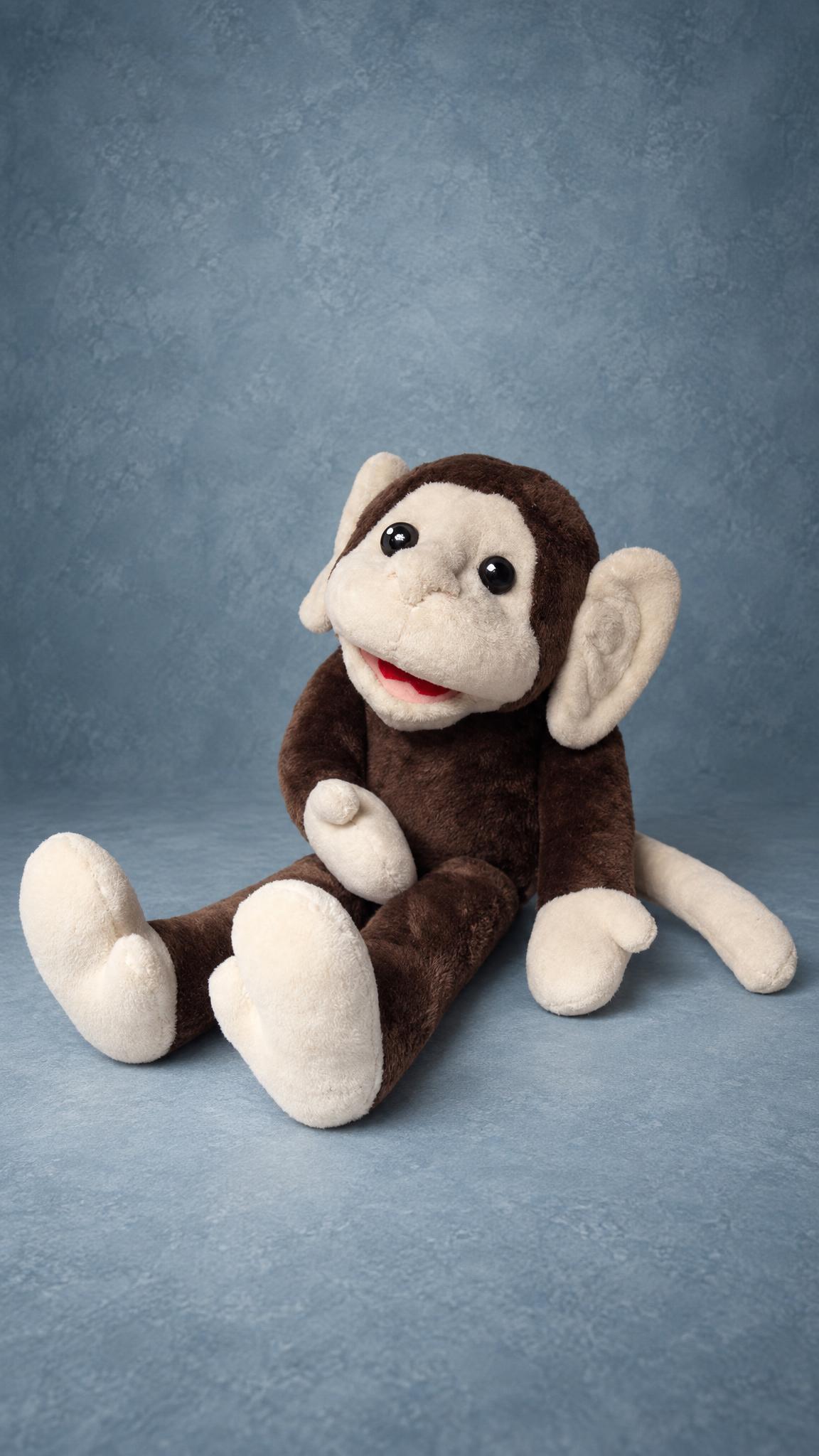 Ika, a lost monkey stuffed animal sewn again to order: long cream tail, big cream ears, one cream hand raised