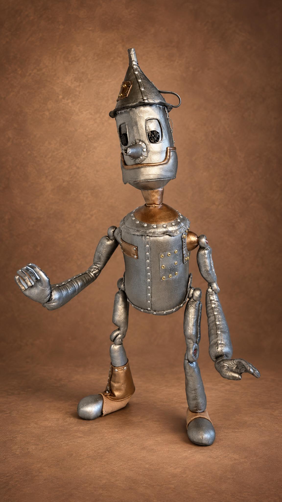 Custom Iron Woodcutter doll, the Tin Man from Oz, handmade to order with a silver riveted body and funnel hat
