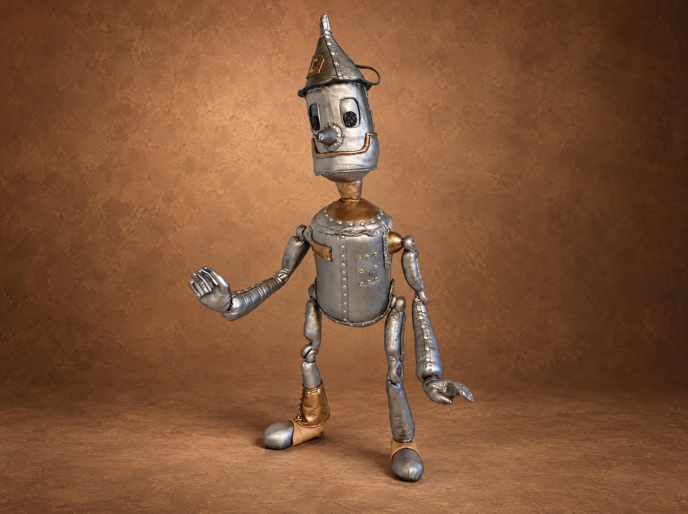 Custom Iron Woodcutter doll, the Tin Man from Oz, handmade to order with a silver riveted body and funnel hat