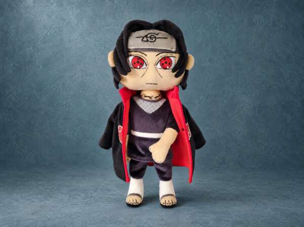 Chibi Itachi plush from Naruto, handmade to order: red Sharingan eyes, open Akatsuki cloak with red lining