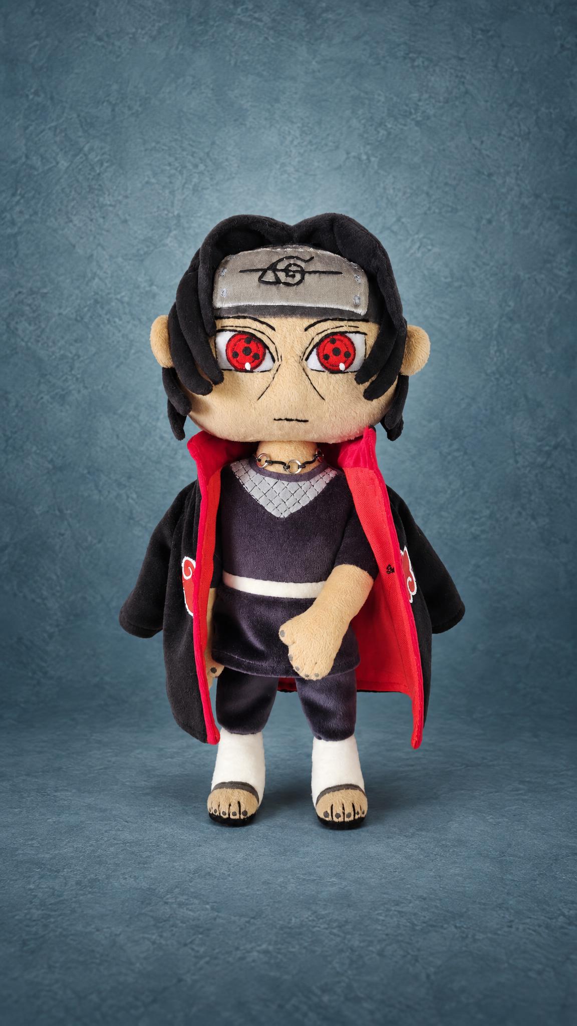 Itachi plush with Akatsuki cloak, chibi Naruto plush made to order Chibi Itachi plush from Naruto made to order by hand, red Sharingan eyes, Akatsuki cloak open on red lining