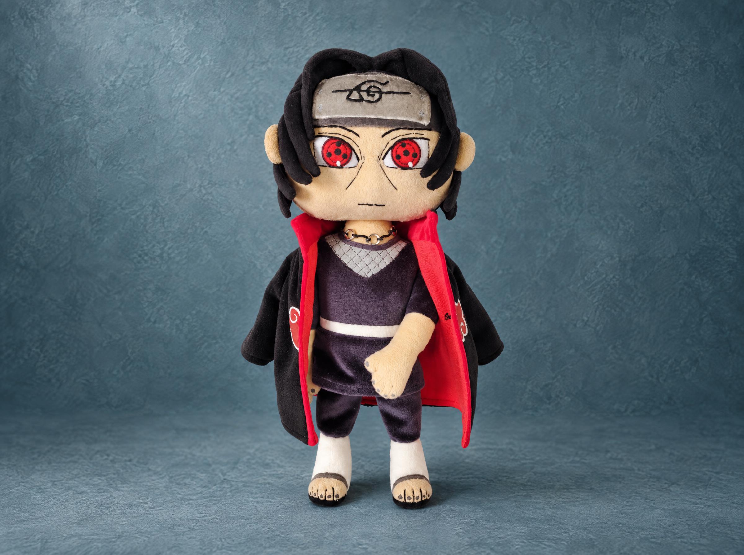 Chibi Itachi plush from Naruto, handmade to order: red Sharingan eyes, open Akatsuki cloak with red lining