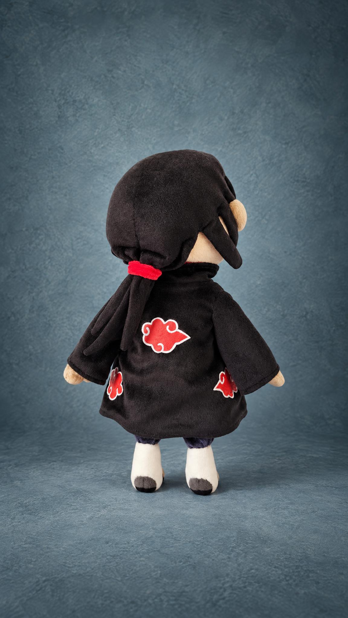 Handmade Itachi plush with a red-tied ponytail and red clouds on the back of the Akatsuki cloak, made to order