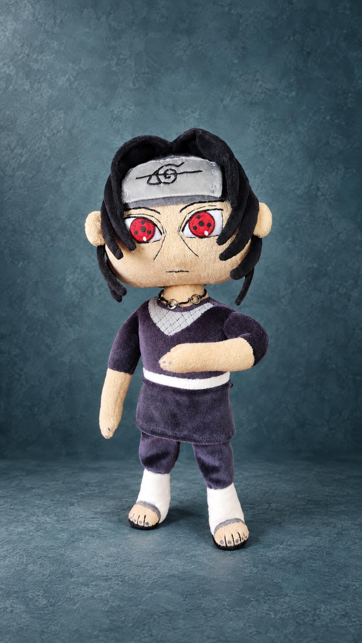 Itachi Uchiha plush without his removable Akatsuki cloak: mesh collar, white belt, leg wraps, made to order