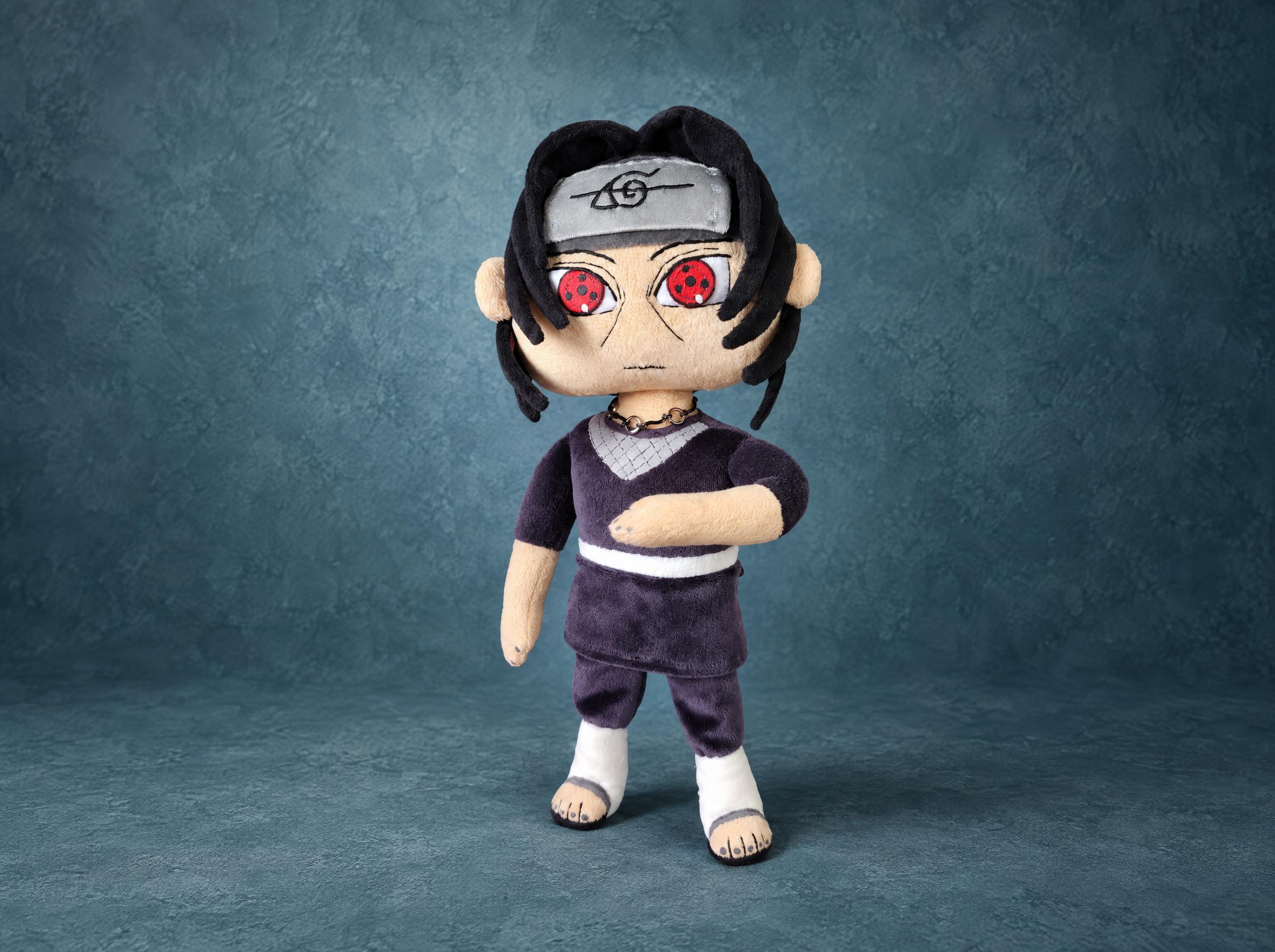Itachi plush without the cloak, removable Akatsuki cloak Itachi plush from Naruto with the Akatsuki cloak removed: dark top, mesh collar, white belt, made to order
