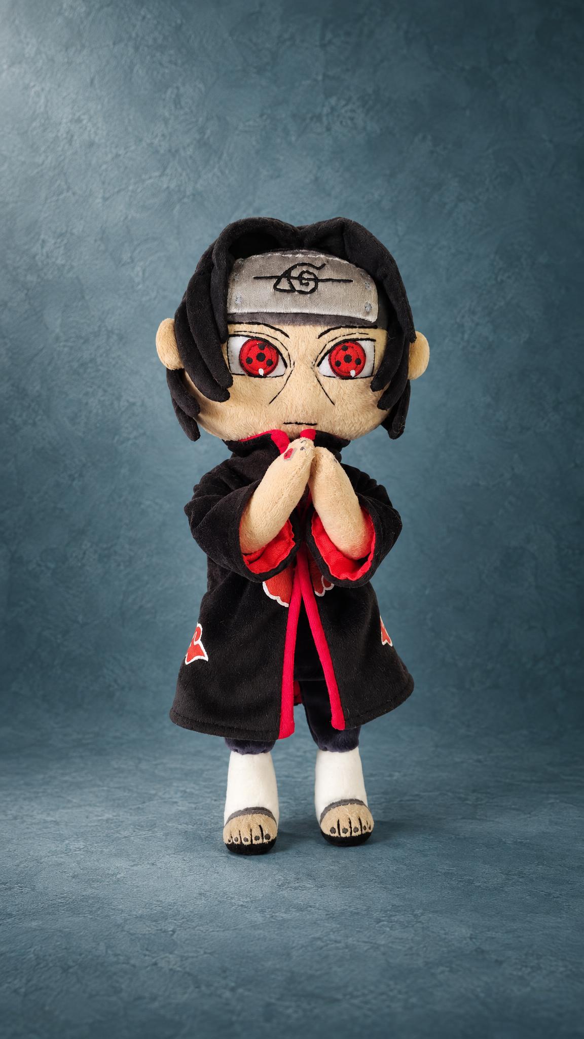 Custom Naruto plush of Itachi with his hands together, red Sharingan eyes and Akatsuki cloak, made to order