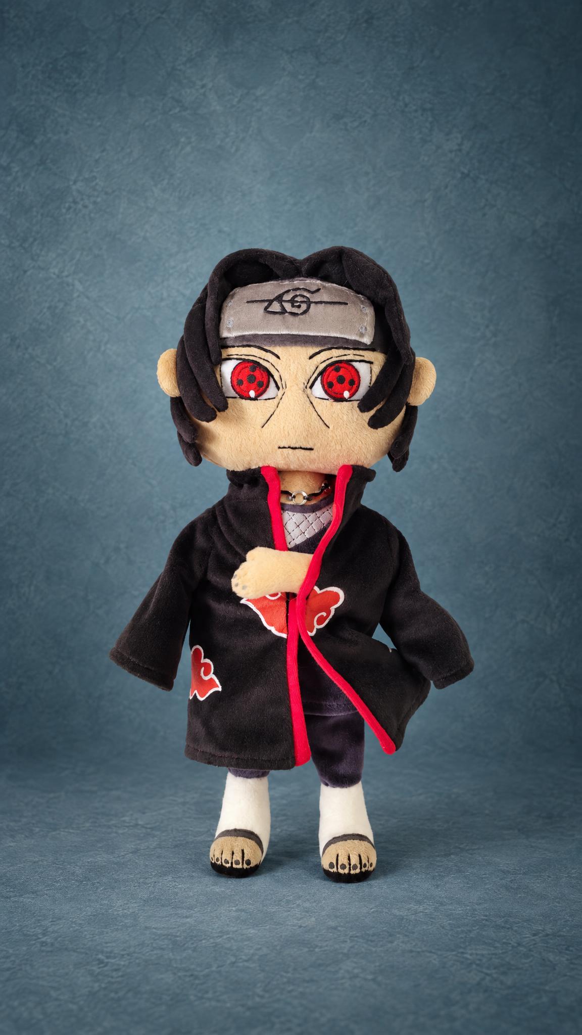 Itachi Uchiha plush handmade to order, closed Akatsuki cloak with red clouds, Sharingan eyes, Leaf headband