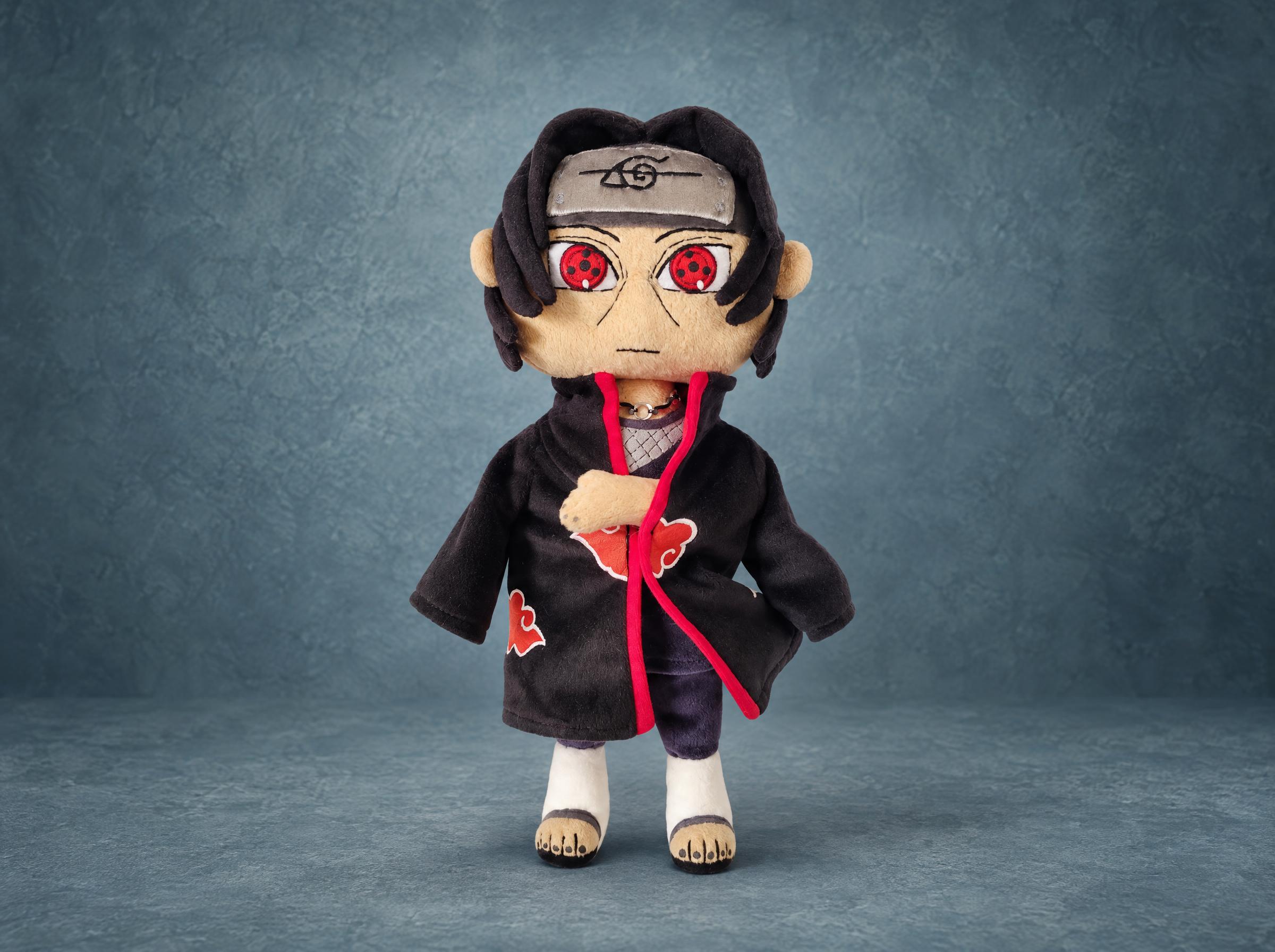 Itachi Uchiha plush with red cloud Akatsuki cloak, made to order Custom Itachi Uchiha plush sewn to order in fleece, Akatsuki cloak closed, red clouds and tall red collar