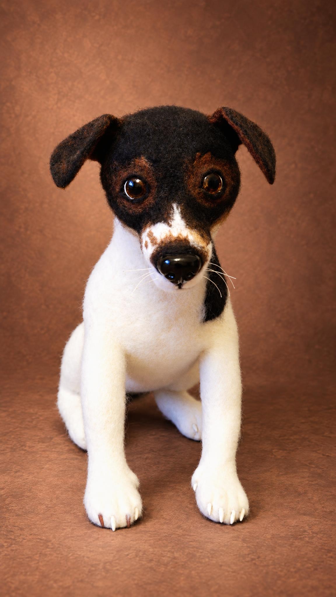 Handmade Jack Russell terrier stuffed animal sitting, white coat and black head, made to order from photos