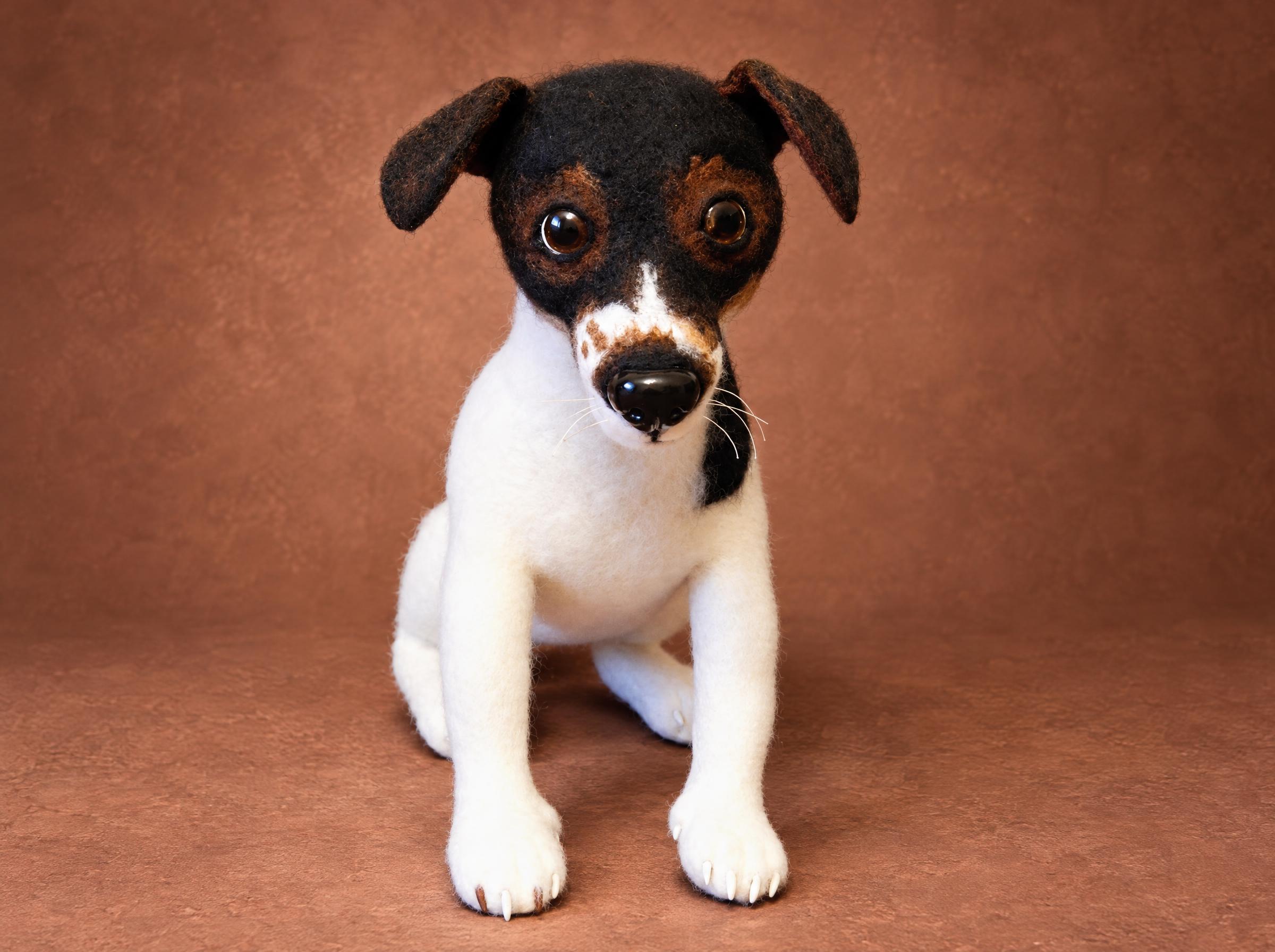 Jack Russell plush puppy with a black head, tan cheeks and freckled muzzle, sewn by hand to order from photos