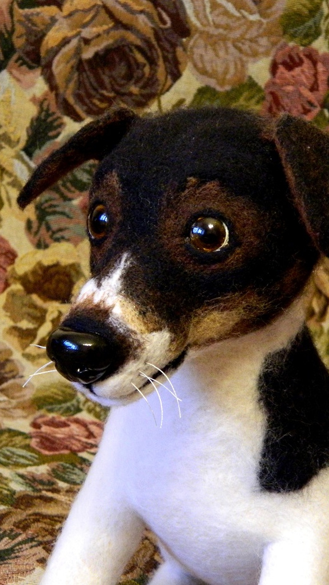 Custom Jack Russell dog plush in profile, tan cheek and white whiskers, handmade to order from photos