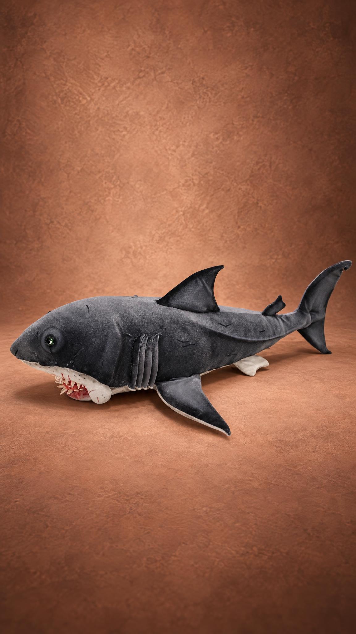 Custom Jaws 2 shark plush with bloody handmade teeth and glass eyes, sewn to order